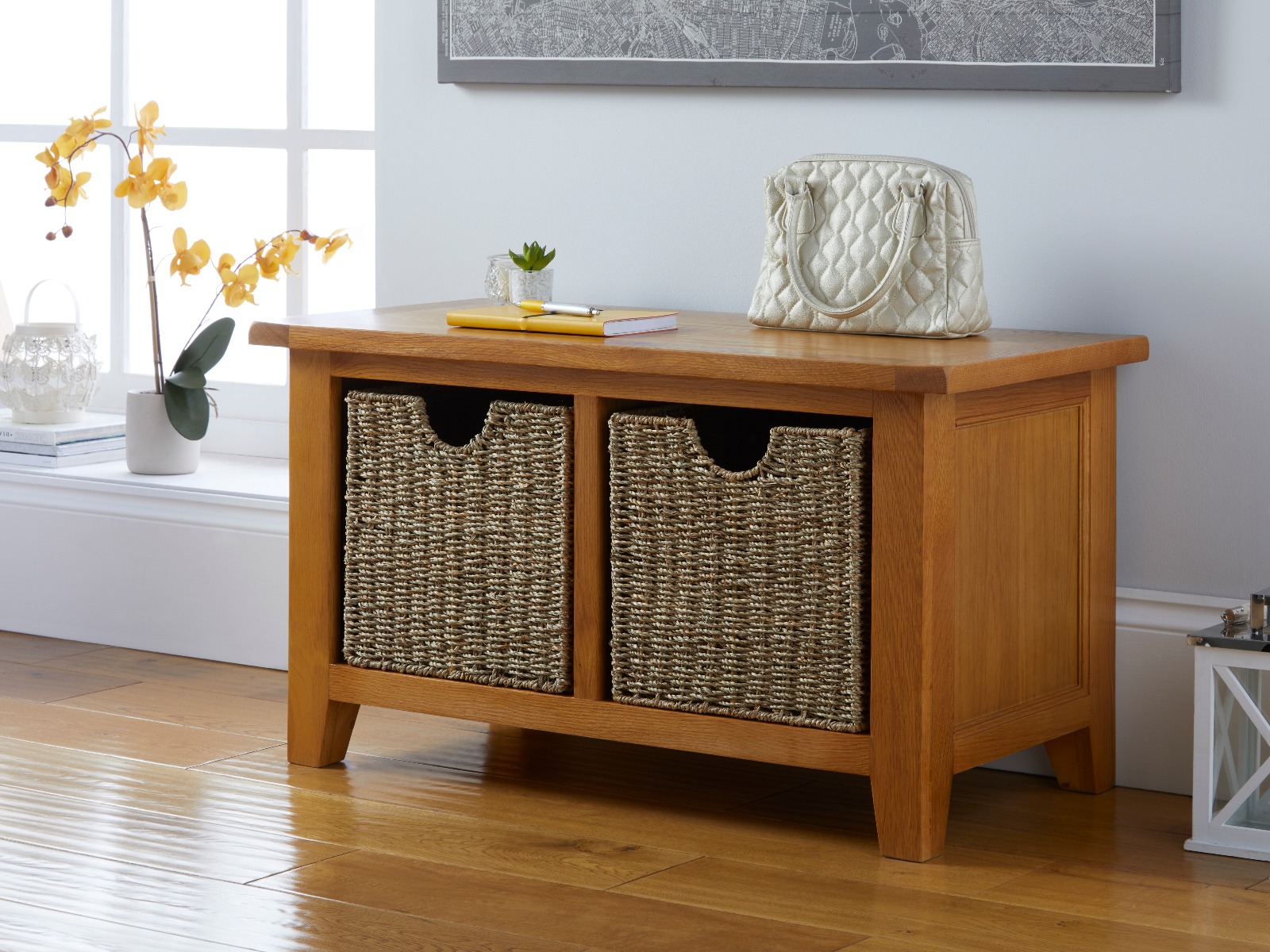 Oak shoe bench with cushion and storage outlet