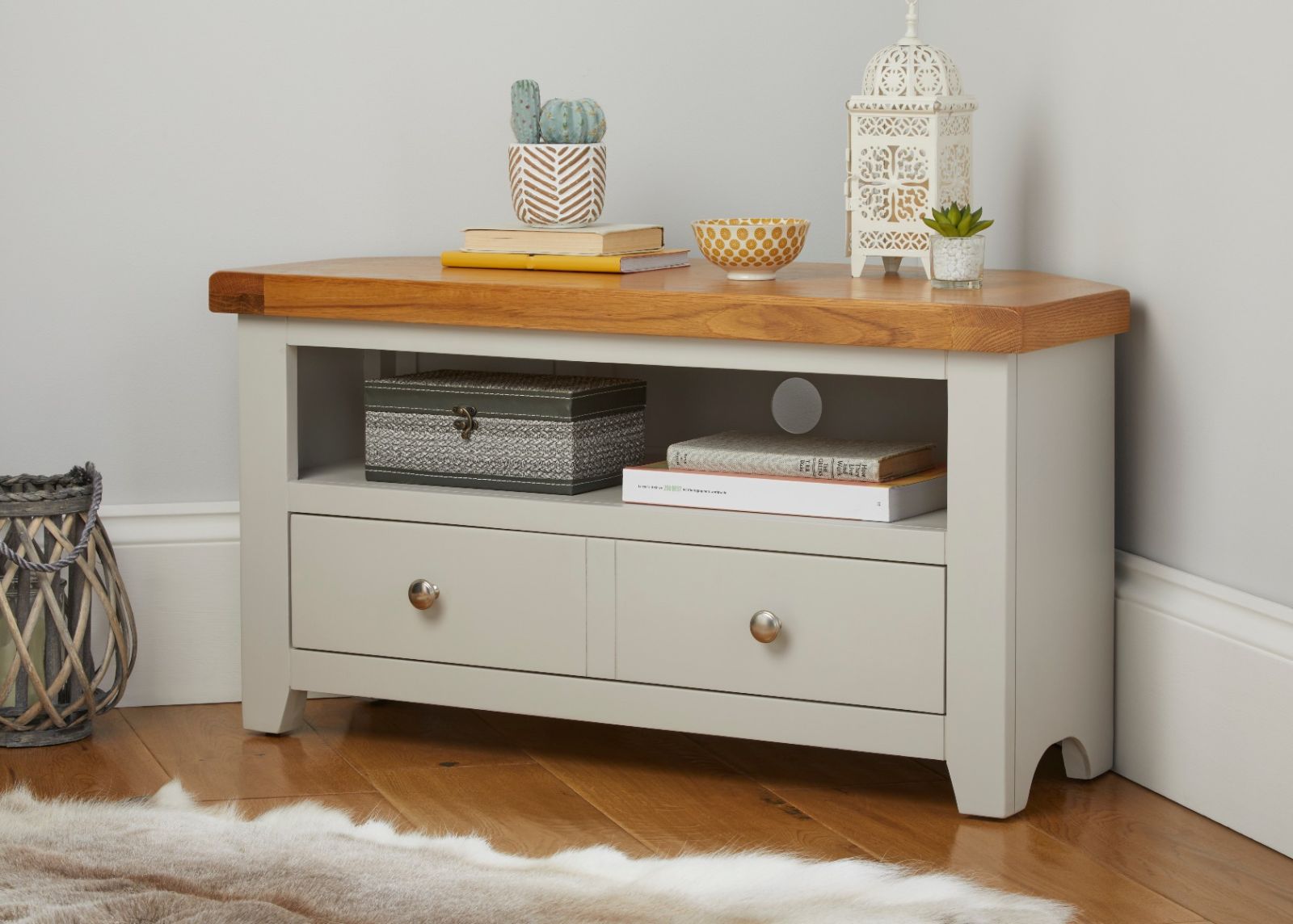 Cheshire Grey Painted Oak Corner TV Unit with Drawer - £50 OFF FLASH SALE EXTENDED