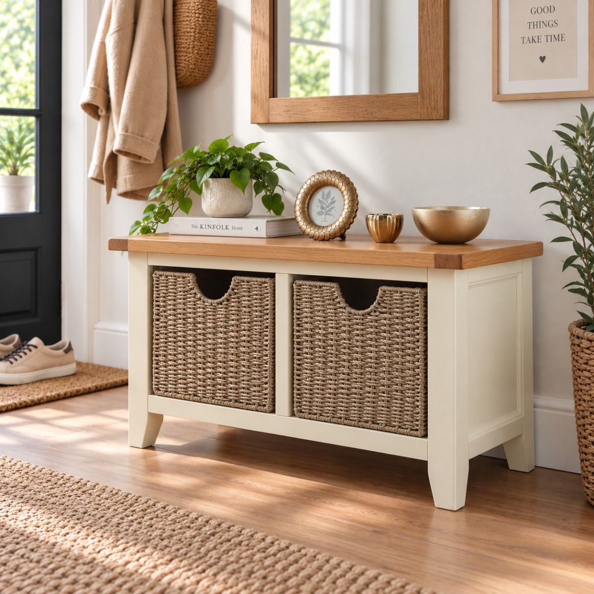 Country Cottage Cream Painted Oak Hallway Shoe Storage Bench with 2 Baskets - £50 Off Autumn Sale
