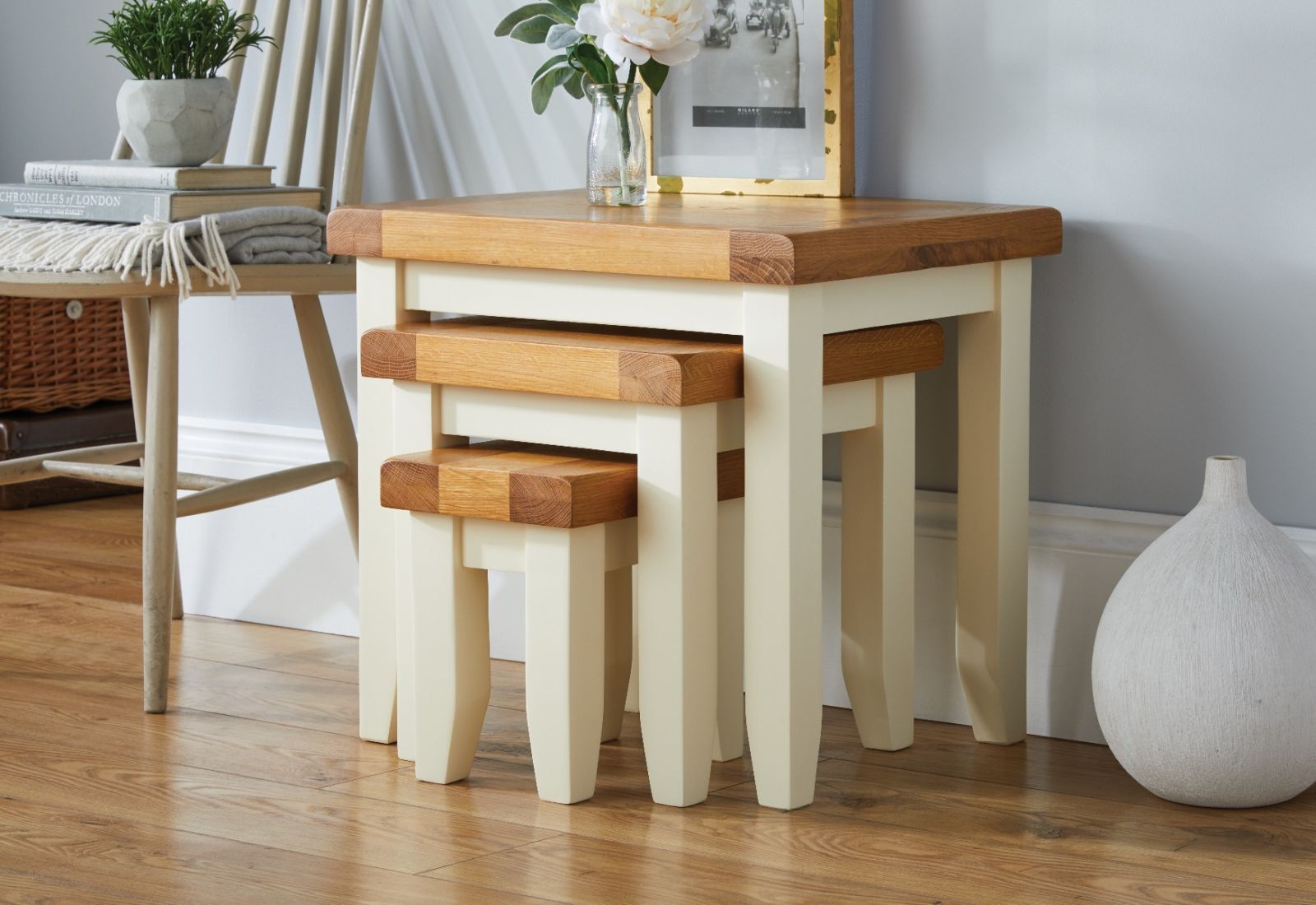 Country Cottage Cream Painted Assembled Nest of Three Tables - SUMMER SALE Country Cottage Cream Painted Assembled Nest of Three Tables - SUMMER SALE