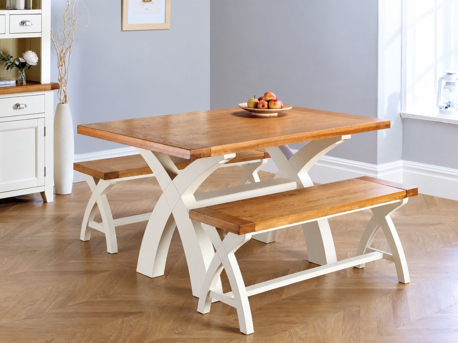 Country Oak 140cm Cream Painted Cross Leg Table & 2 Bench Set - AUTUMN SALE Country Oak 140cm Cream Painted Cross Leg Table & 2 Bench Set - AUTUMN SALE