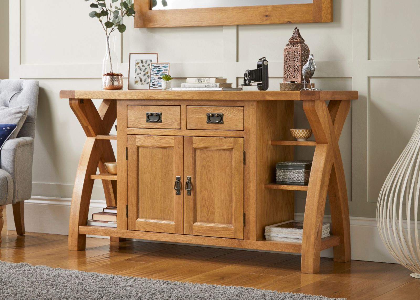 Country Oak 150cm Cross Leg Assembled Oak Sideboard - SUMMER SALE Country Oak 150cm Cross Leg Assembled Oak Sideboard - SUMMER SALE