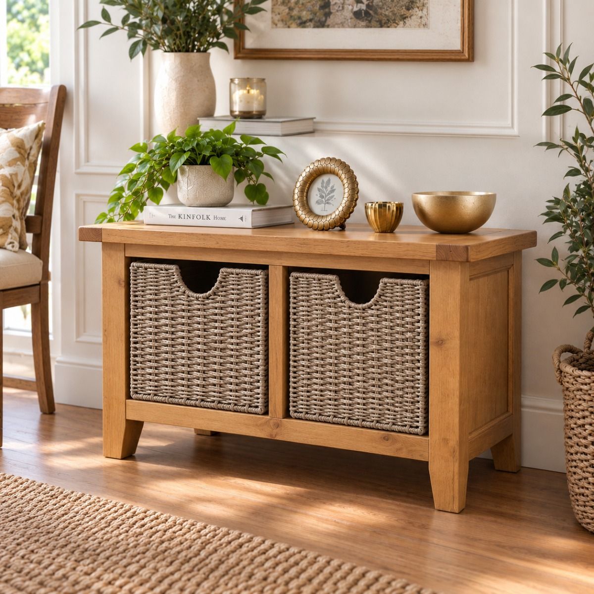 Country Oak Hallway Shoe Storage Bench 2 Wicker Baskets - £50 Off Autumn Sale Country Oak Hallway Shoe Storage Bench 2 Wicker Baskets - £50 Off Autumn Sale