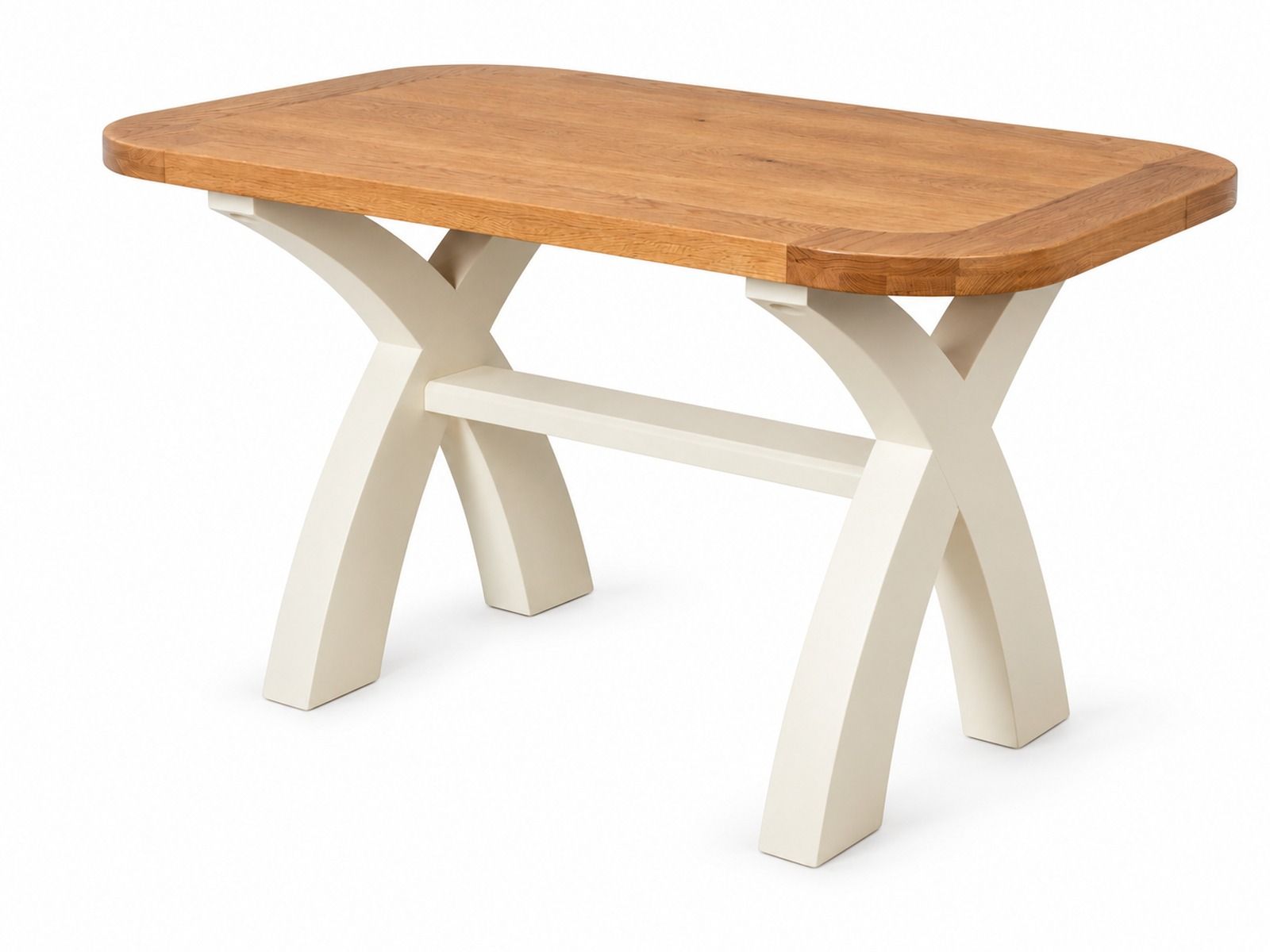 Country Oak 140cm Cream Painted Cross Leg Oak Dining Table With Rounded Corners - £80 Off Autumn Sale Country Oak 140cm Cream Painted Cross Leg Oak Dining Table With Rounded Corners - £80 Off Autumn Sale