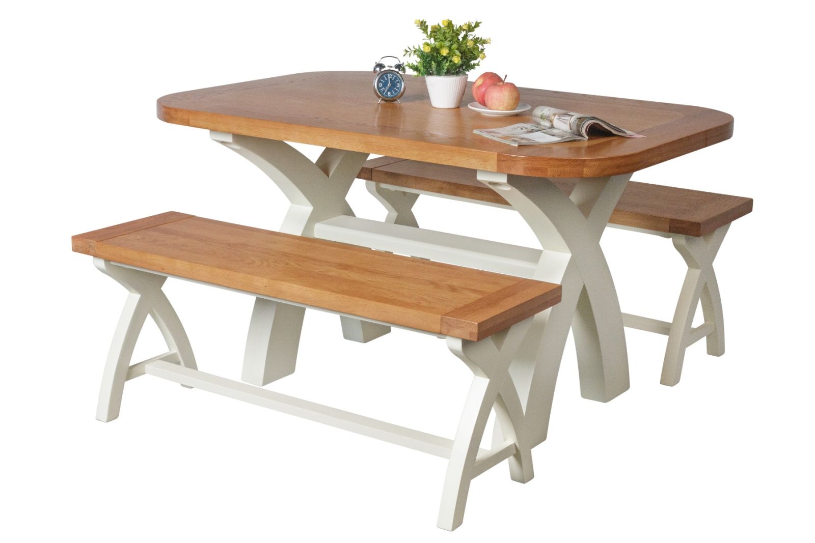Country Oak 140cm cream painted dining table pair 120cm cross leg benches - SUMMER SALE Country Oak 140cm cream painted dining table pair 120cm cross leg benches - SUMMER SALE