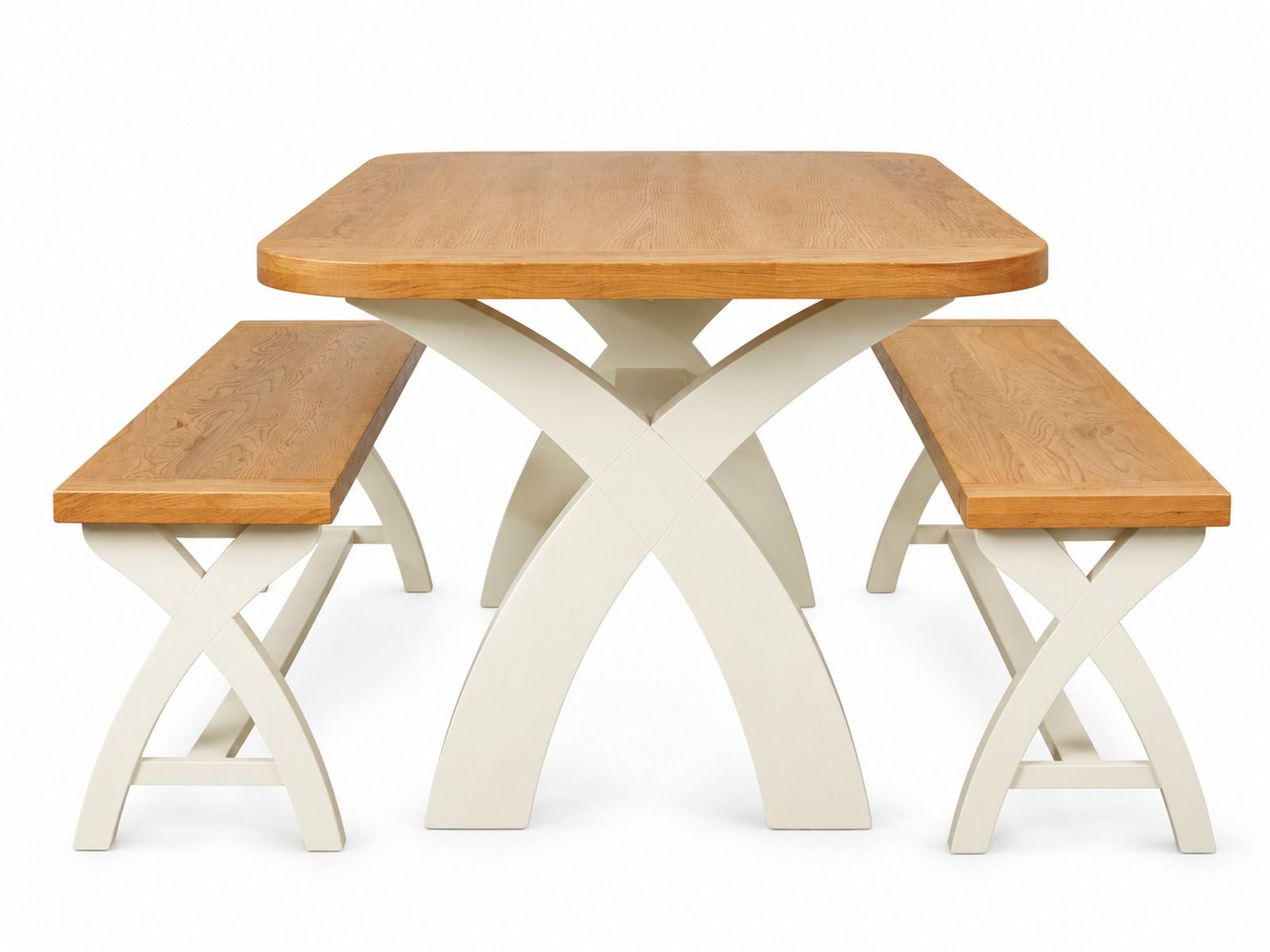 Country Oak Cream Painted 140cm Cross Leg Dining Table & Pair of 120cm Benches - AUTUMN SALE