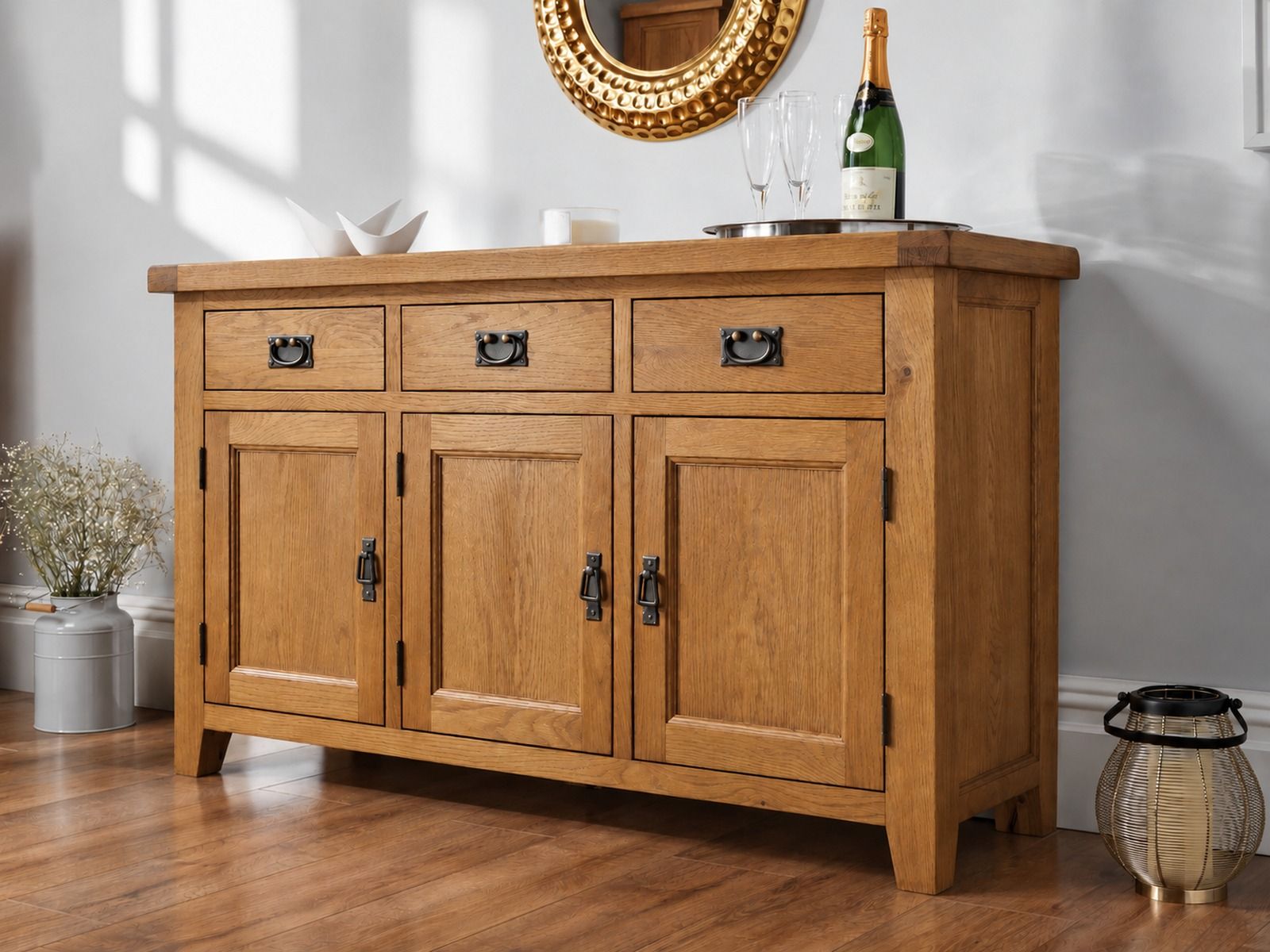Country Oak 3 Door Fully Assembled Medium Oak Sideboard (141.5cm) - £100 OFF AUTUMN SALE Country Oak 3 Door Fully Assembled Medium Oak Sideboard (141.5cm) - £100 OFF AUTUMN SALE