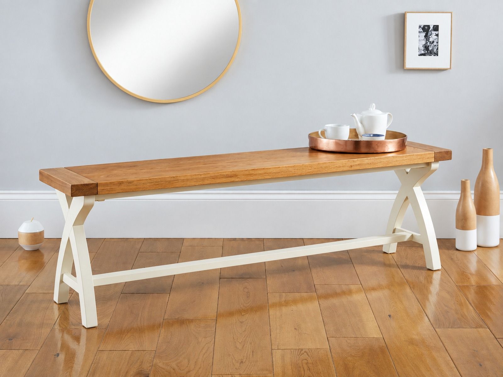 Country Oak 160cm Cream Painted Cross Leg Oak Dining Bench - 10% Off Discount Code SAVE Country Oak 160cm Cream Painted Cross Leg Oak Dining Bench - 10% Off Discount Code SAVE