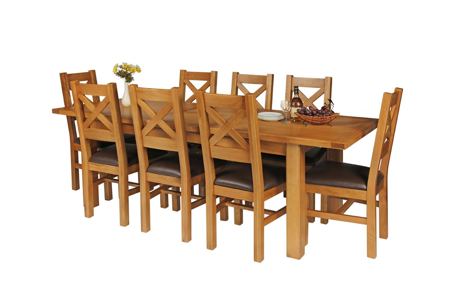 Country Oak 230cm Extending Oak Table and 8 Windermere Brown Leather Seat Chair Set Country Oak 230cm Extending Oak Table and 8 Windermere Brown Leather Seat Chair Set