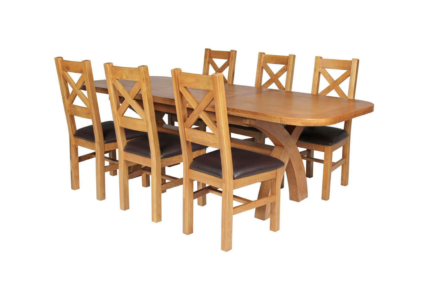 Country Oak 230cm Cross Leg Oval Table and 6 Windermere Brown Leather Chairs Country Oak 230cm Cross Leg Oval Table and 6 Windermere Brown Leather Chairs