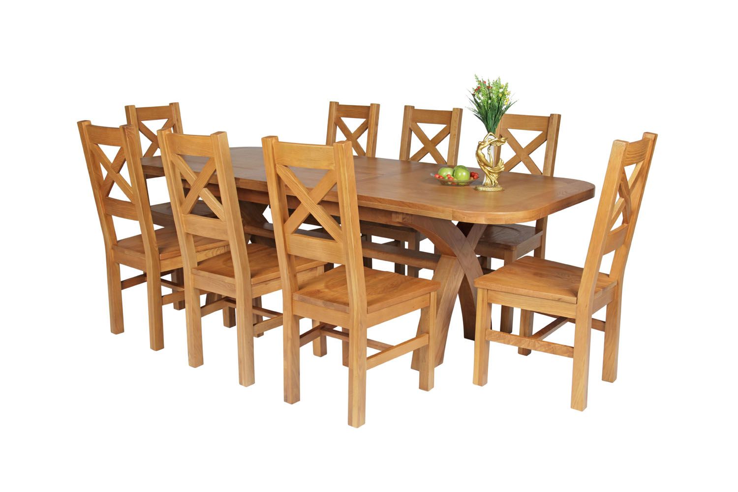 Country Oak 230cm Cross Leg Oval Table and 8 Windermere Timber Seat Chairs Country Oak 230cm Cross Leg Oval Table and 8 Windermere Timber Seat Chairs