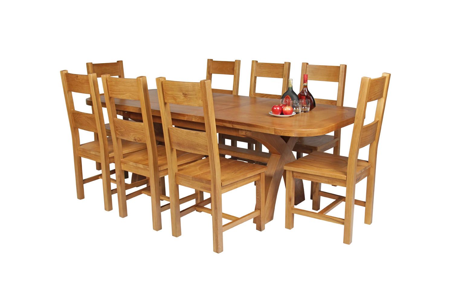 Country Oak 230cm Cross Leg Oval Table and 8 Chester Timber Seat Chairs Country Oak 230cm Cross Leg Oval Table and 8 Chester Timber Seat Chairs