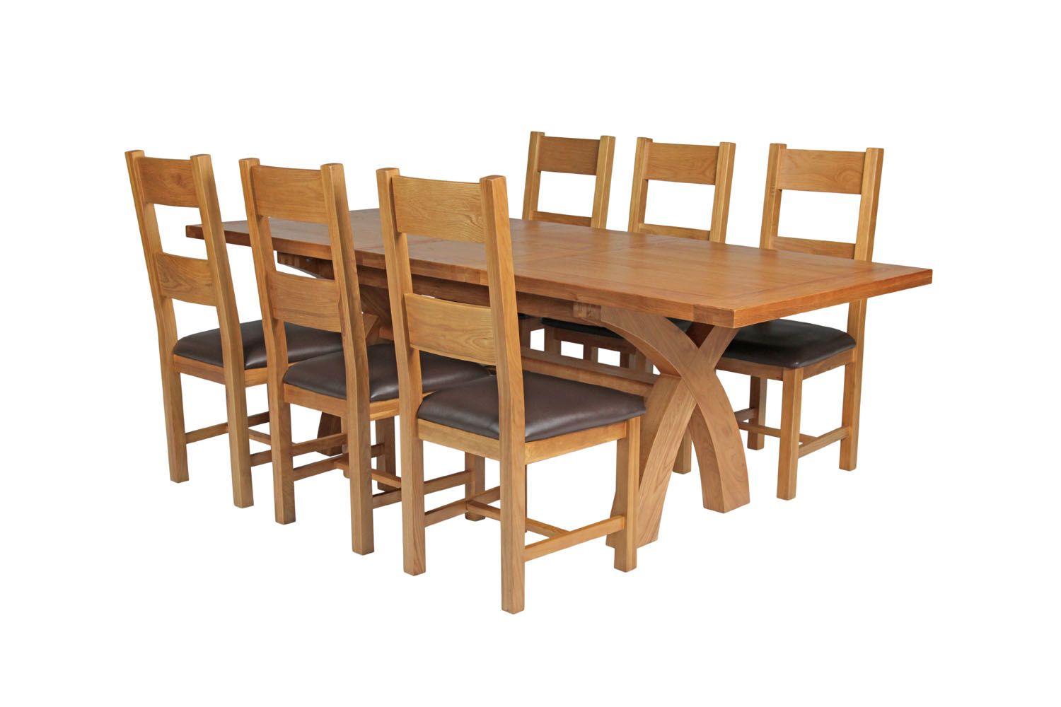 Country Oak 230cm Cross Leg Square Table and 6 Chester Brown Leather Chairs Country Oak 230cm Cross Leg Square Table and 6 Chester Brown Leather Chairs