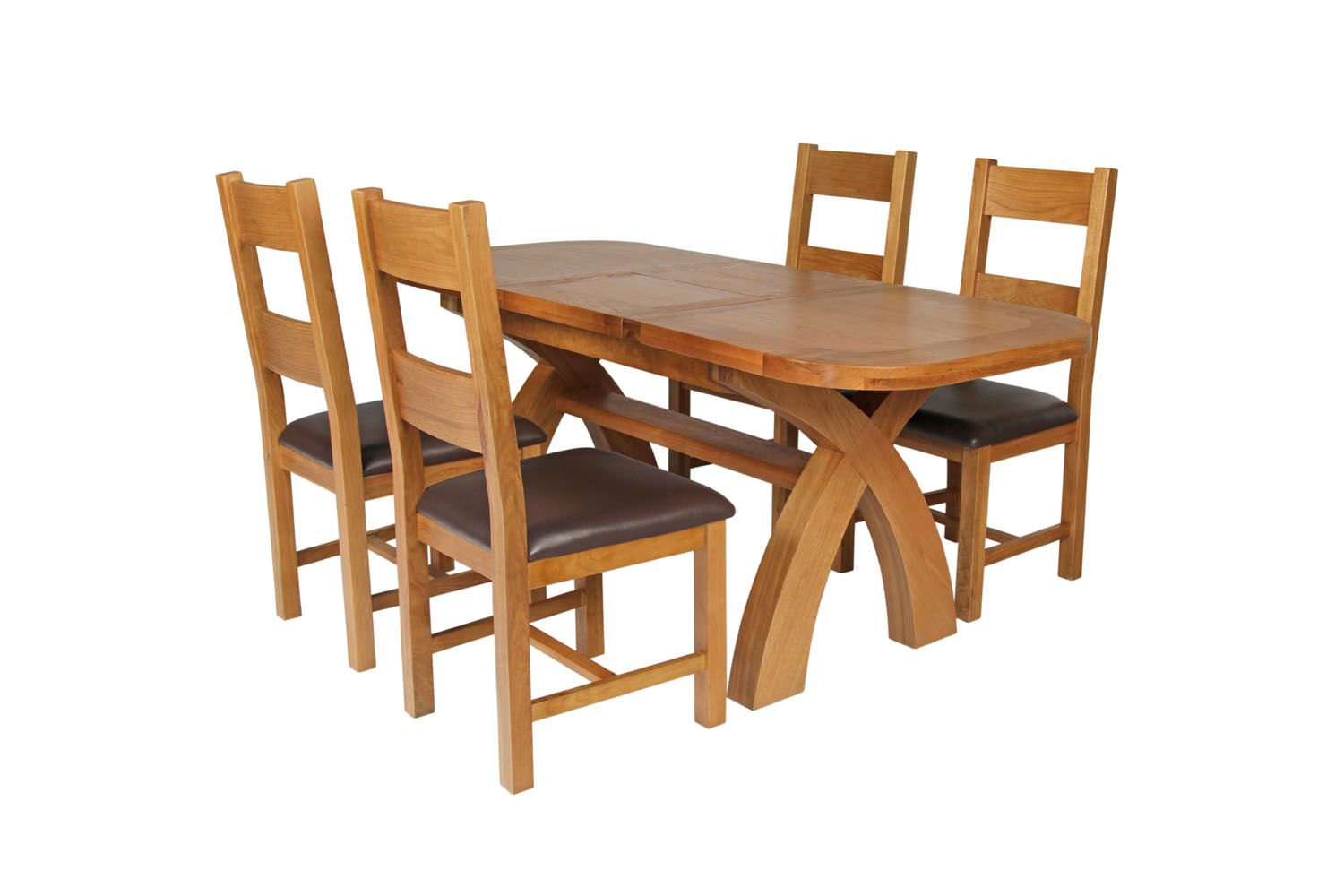 Country Oak 180cm Extending Cross Leg Oval Table and 4 Chester Brown Leather Chairs Country Oak 180cm Extending Cross Leg Oval Table and 4 Chester Brown Leather Chairs