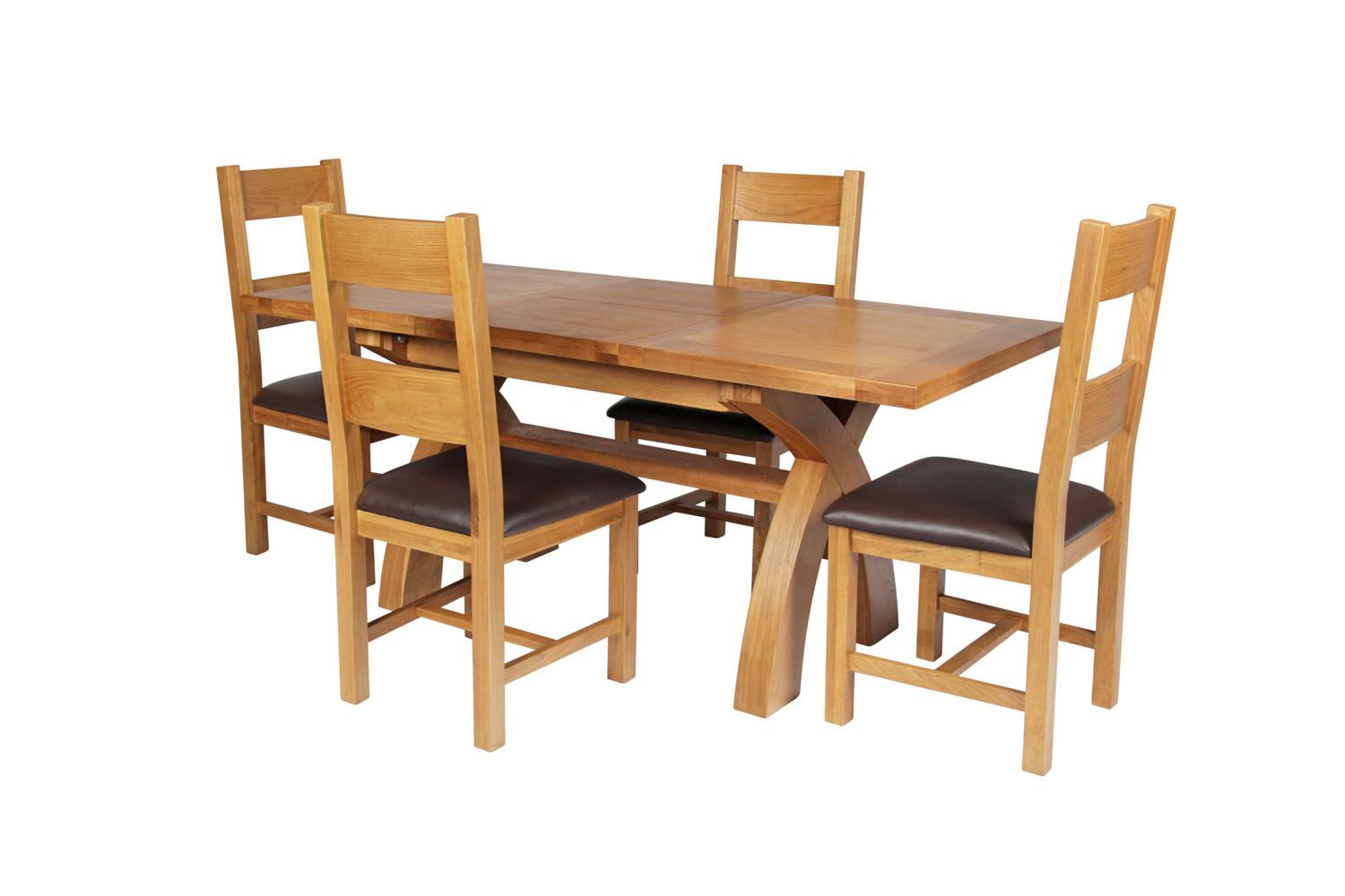 Country Oak 180cm Extending Cross Leg Square Table and 4 Chester Brown Leather Chairs Country Oak 180cm Extending Cross Leg Square Table and 4 Chester Brown Leather Chairs