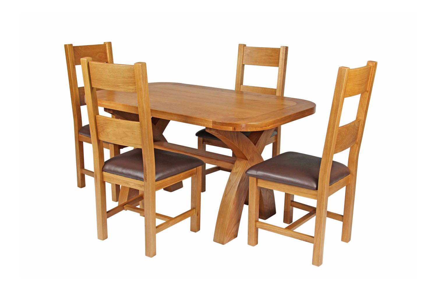 Country Oak 140cm Cross Leg Fixed Oval Table and 4 Chester Brown Leather Chairs Country Oak 140cm Cross Leg Fixed Oval Table and 4 Chester Brown Leather Chairs
