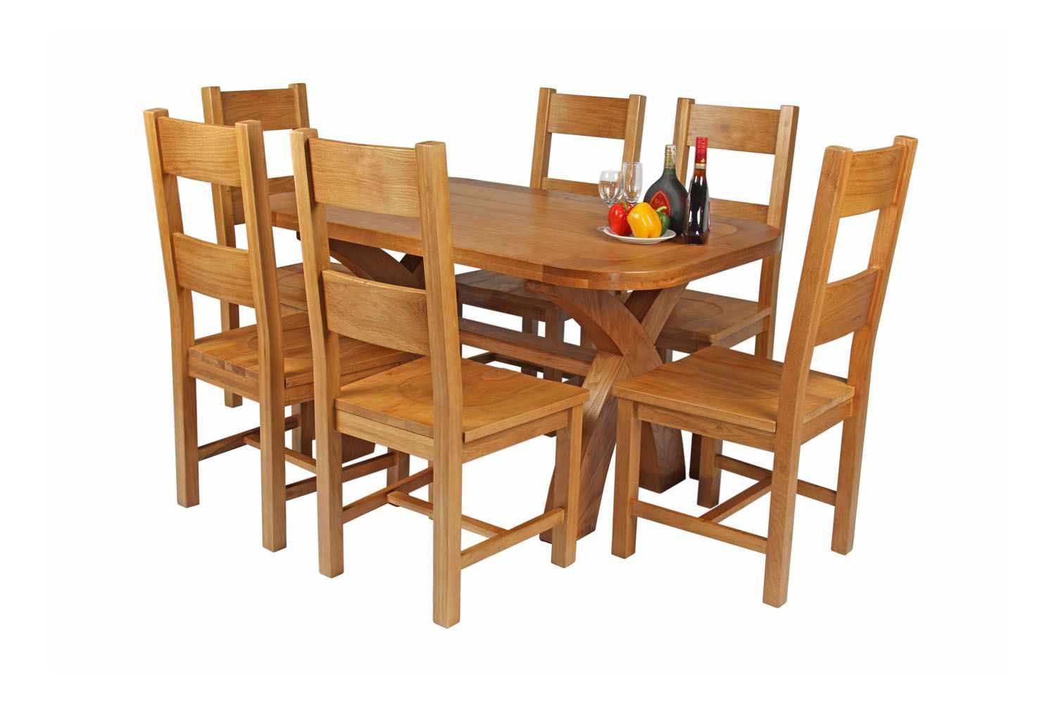 Country Oak 140cm Cross Leg Fixed Oval Table and 6 Chester Timber Seat Chairs Country Oak 140cm Cross Leg Fixed Oval Table and 6 Chester Timber Seat Chairs