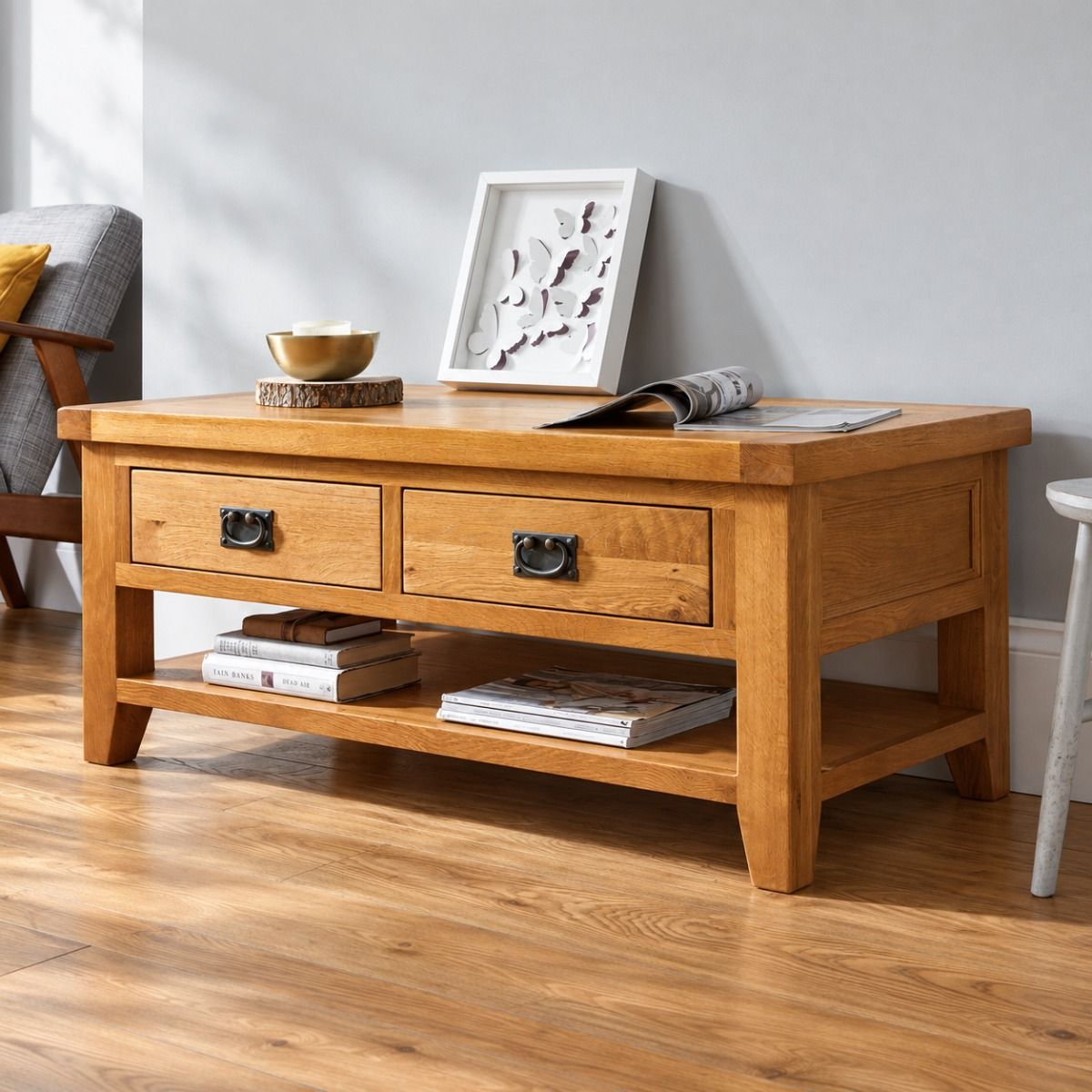 Country Oak Large 4 Drawer Coffee Table With Shelf - AUTUMN SALE Country Oak Large 4 Drawer Coffee Table With Shelf - AUTUMN SALE