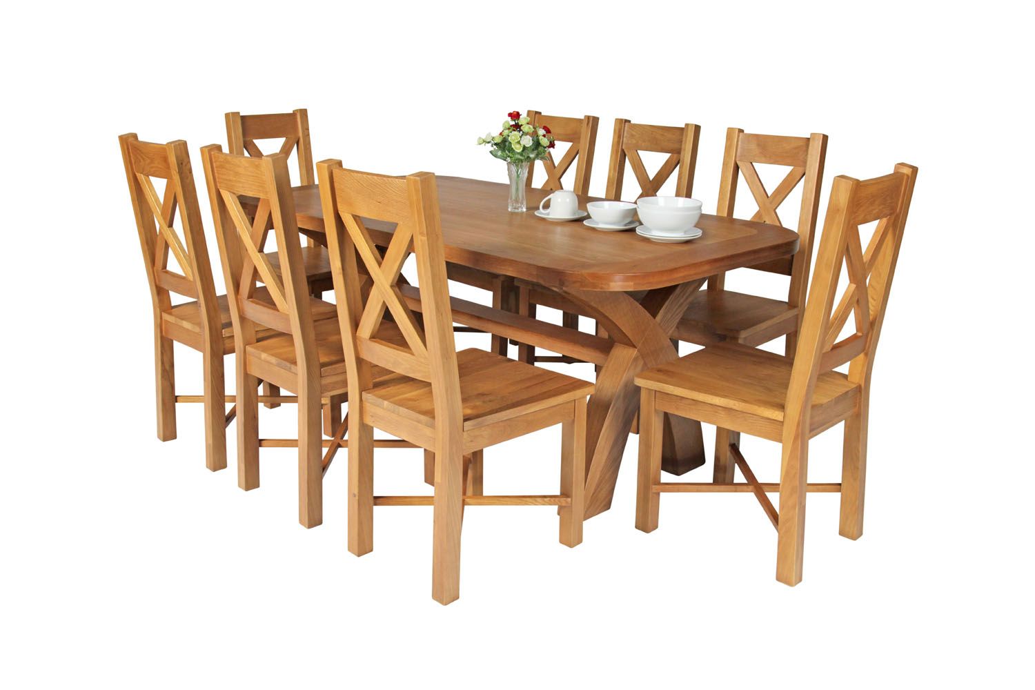 Country Oak 180cm Cross Leg Fixed Oval Table and 8 Grasmere Timber Seat Chairs Country Oak 180cm Cross Leg Fixed Oval Table and 8 Grasmere Timber Seat Chairs
