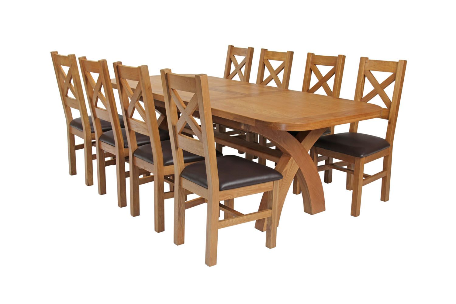 Country Oak 280cm Extending Cross Leg Oval Table and 8 Windermere Brown Leather Chairs Country Oak 280cm Extending Cross Leg Oval Table and 8 Windermere Brown Leather Chairs