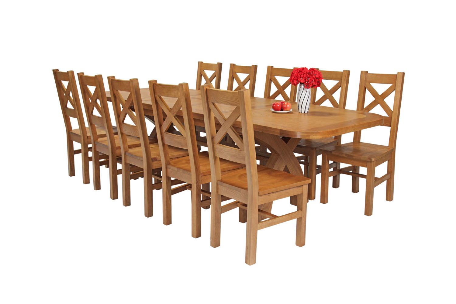 Country Oak 280cm Extending Cross Leg Oval Table and 10 Windermere Timber Seat Chairs Country Oak 280cm Extending Cross Leg Oval Table and 10 Windermere Timber Seat Chairs