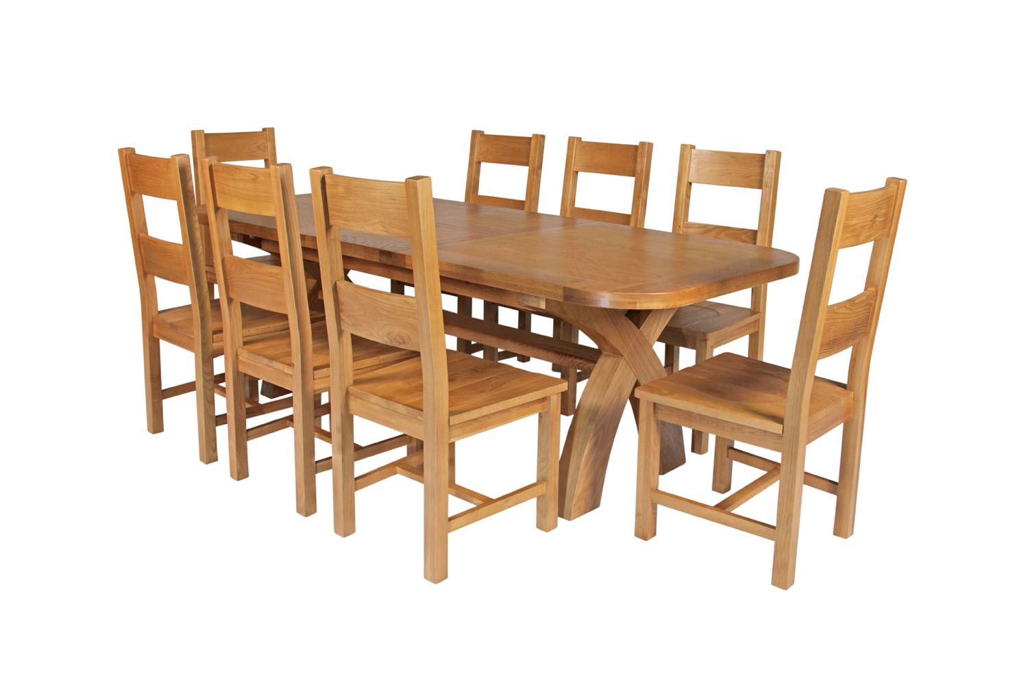 Country Oak 280cm Extending Cross Leg Oval Table and 8 Chester Timber Seat Chairs Country Oak 280cm Extending Cross Leg Oval Table and 8 Chester Timber Seat Chairs