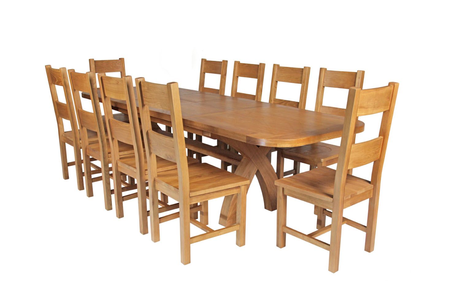Country Oak 280cm Extending Cross Leg Oval Table and 10 Chester Timber Seat Chairs Country Oak 280cm Extending Cross Leg Oval Table and 10 Chester Timber Seat Chairs