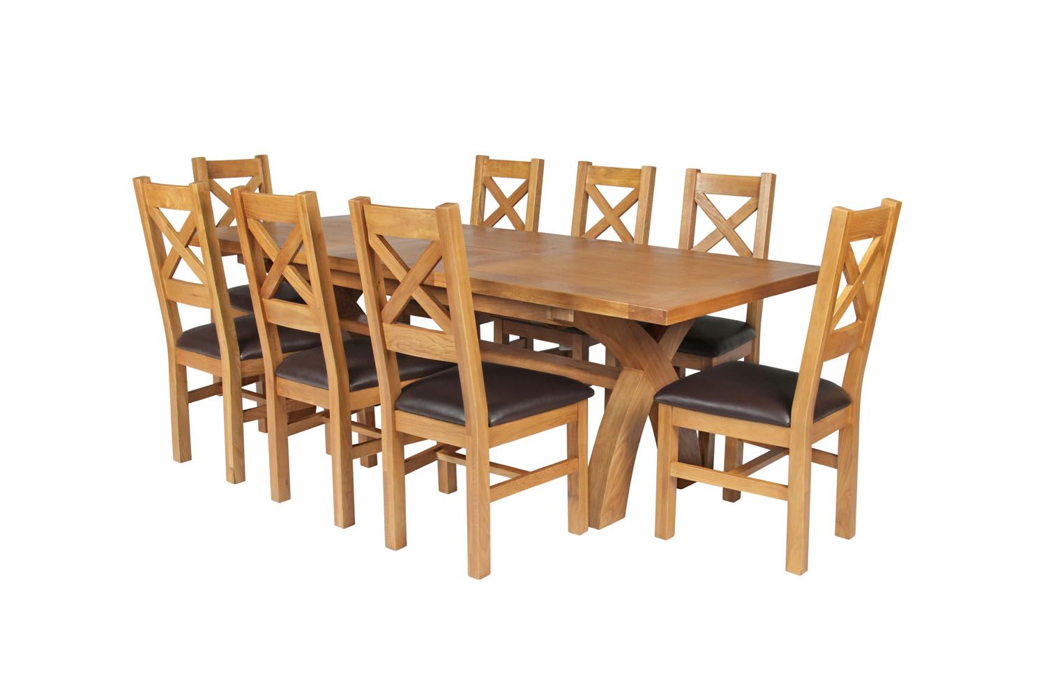 Country Oak 280cm Extending Cross Leg Square Table and 8 Windermere Brown Leather Chairs Country Oak 280cm Extending Cross Leg Square Table and 8 Windermere Brown Leather Chairs