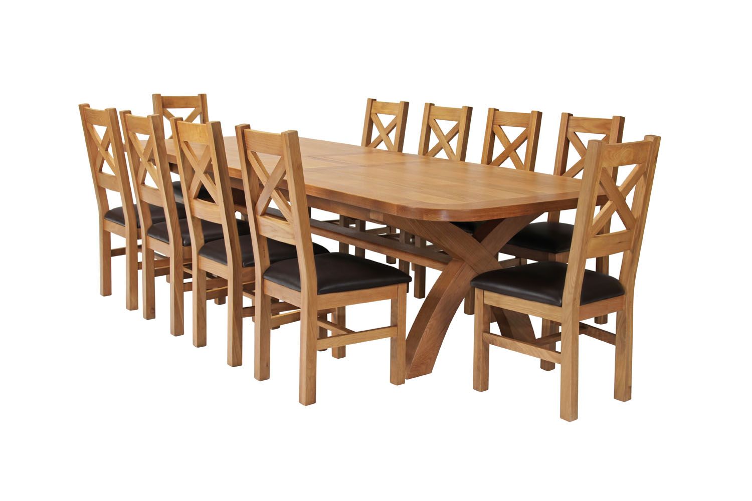 Country Oak 340cm Extending Cross Leg Oval Table and 10 Windermere Brown Leather Chairs Country Oak 340cm Extending Cross Leg Oval Table and 10 Windermere Brown Leather Chairs