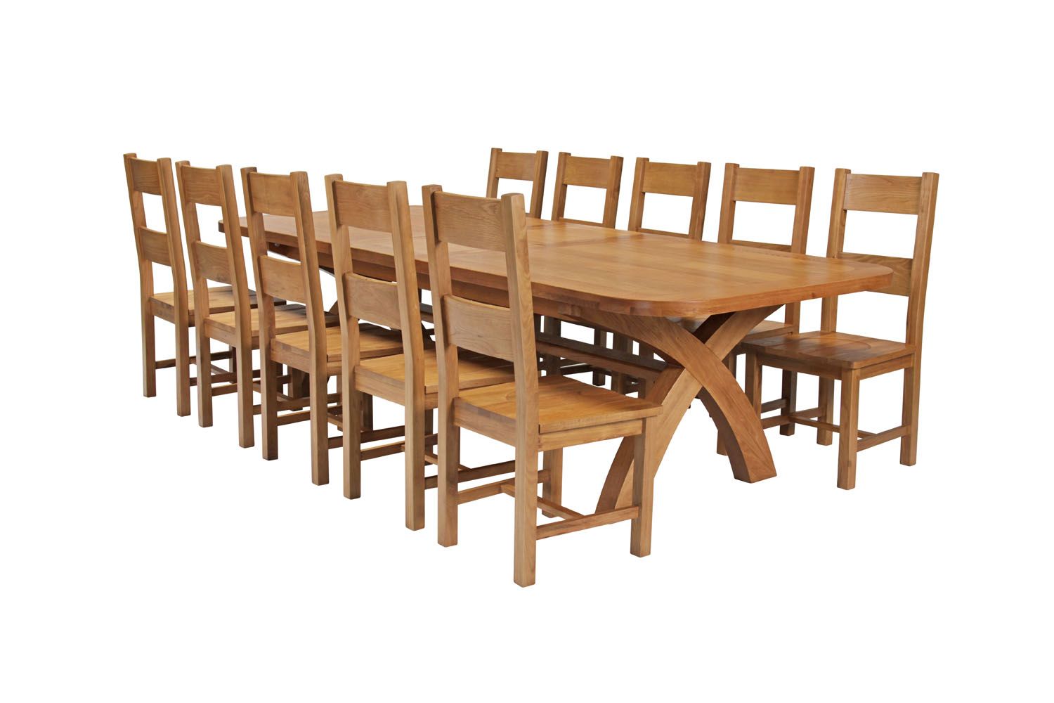 Country Oak 340cm Extending Cross Leg Oval Table and 10 Chester Timber Seat Chairs Country Oak 340cm Extending Cross Leg Oval Table and 10 Chester Timber Seat Chairs