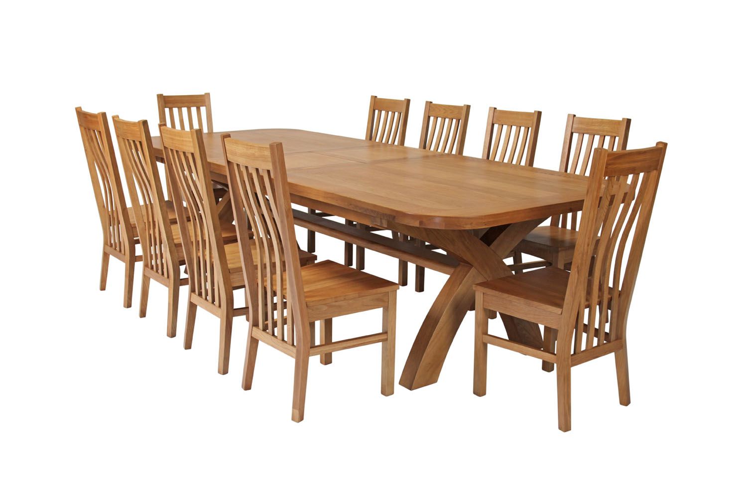 Country Oak 340cm Extending Cross Leg Oval Table and 10 Chelsea Timber Seat Chairs Country Oak 340cm Extending Cross Leg Oval Table and 10 Chelsea Timber Seat Chairs