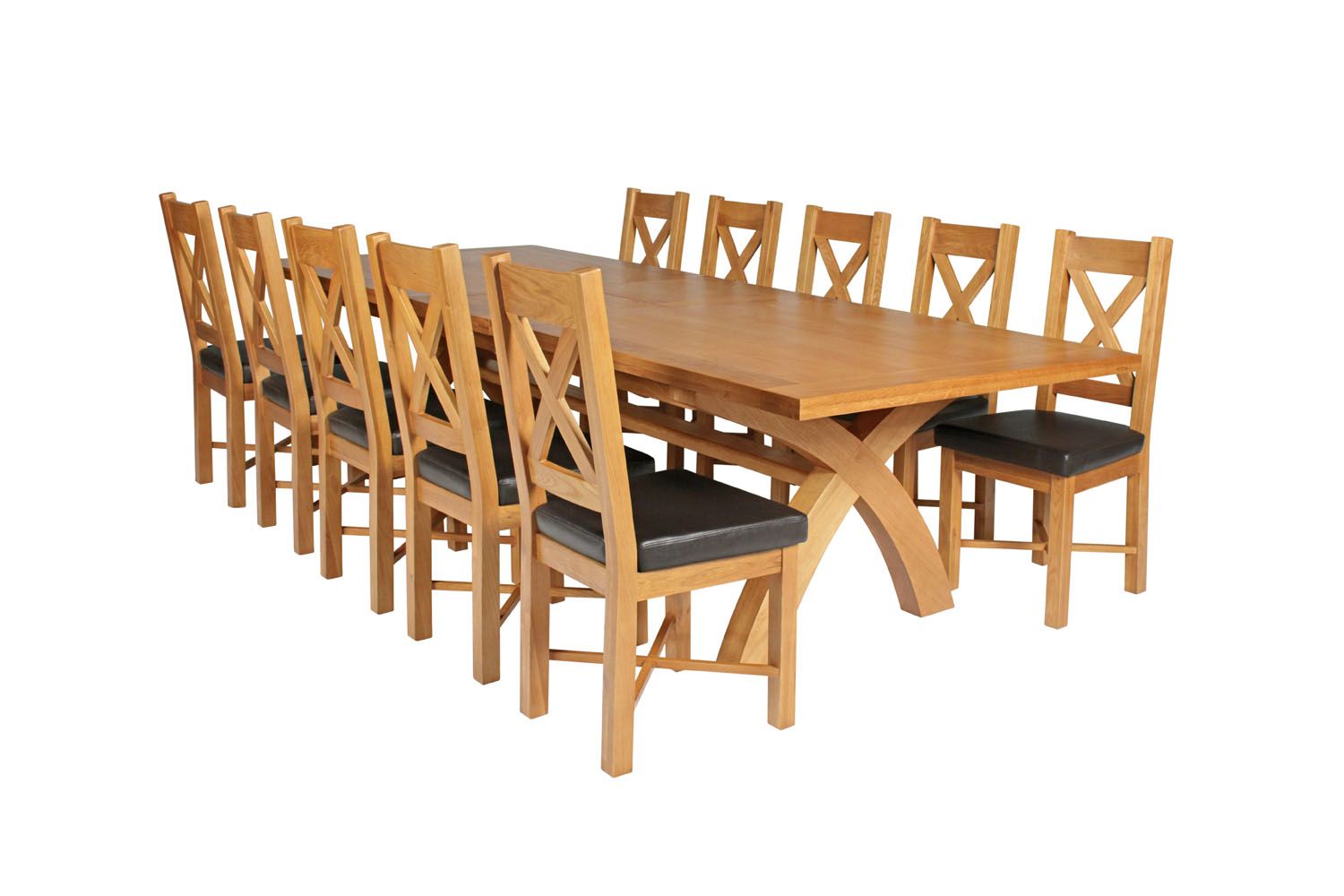 Country Oak 340cm Extending Cross Leg Square Table and 10 Grasmere Brown Leather Chairs Country Oak 340cm Extending Cross Leg Square Table and 10 Grasmere Brown Leather Chairs