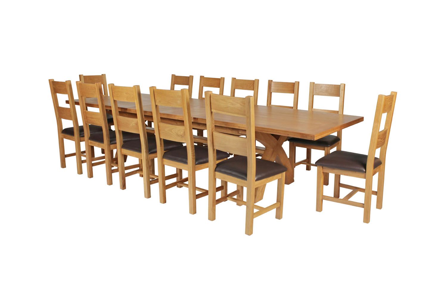 Country Oak 340cm Extending Cross Leg Square Table and 12 Chester Brown Leather Chairs Country Oak 340cm Extending Cross Leg Square Table and 12 Chester Brown Leather Chairs