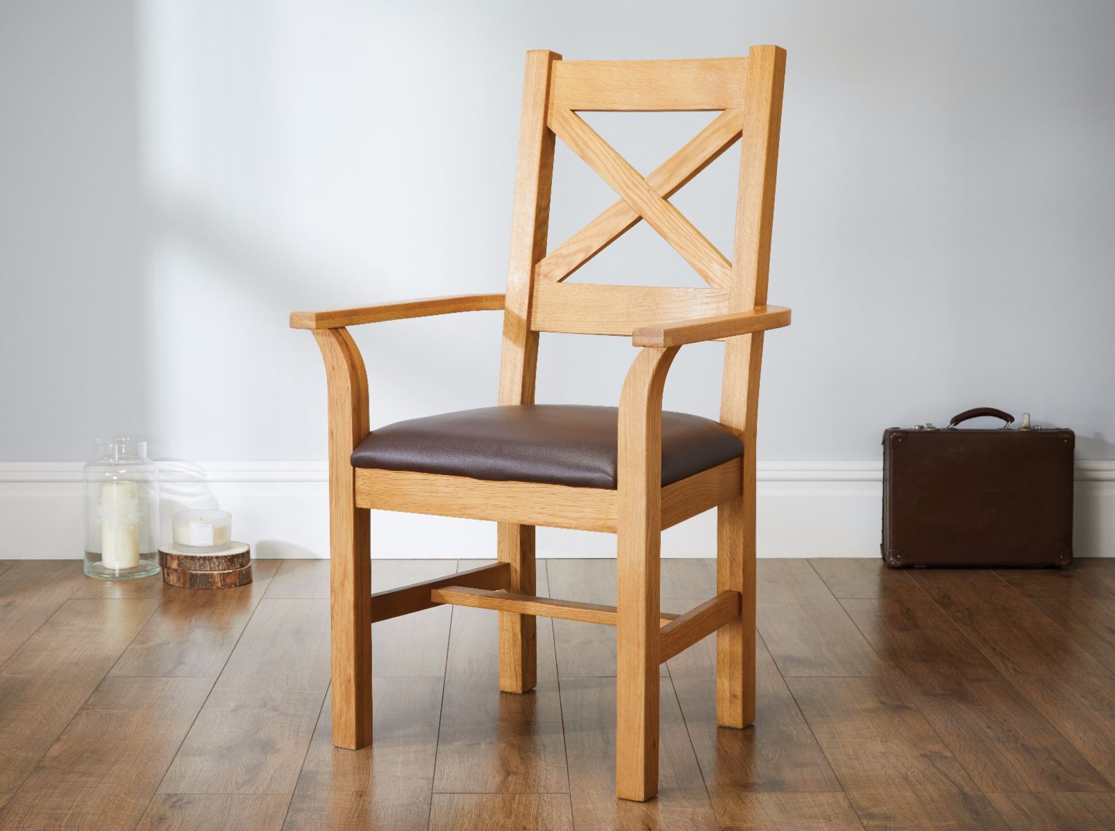 Windermere Cross Back Oak Carver Dining Chair With Brown Leather Seat - 20% Off Discount Code FLASH Windermere Cross Back Oak Carver Dining Chair With Brown Leather Seat - 20% Off Discount Code FLASH