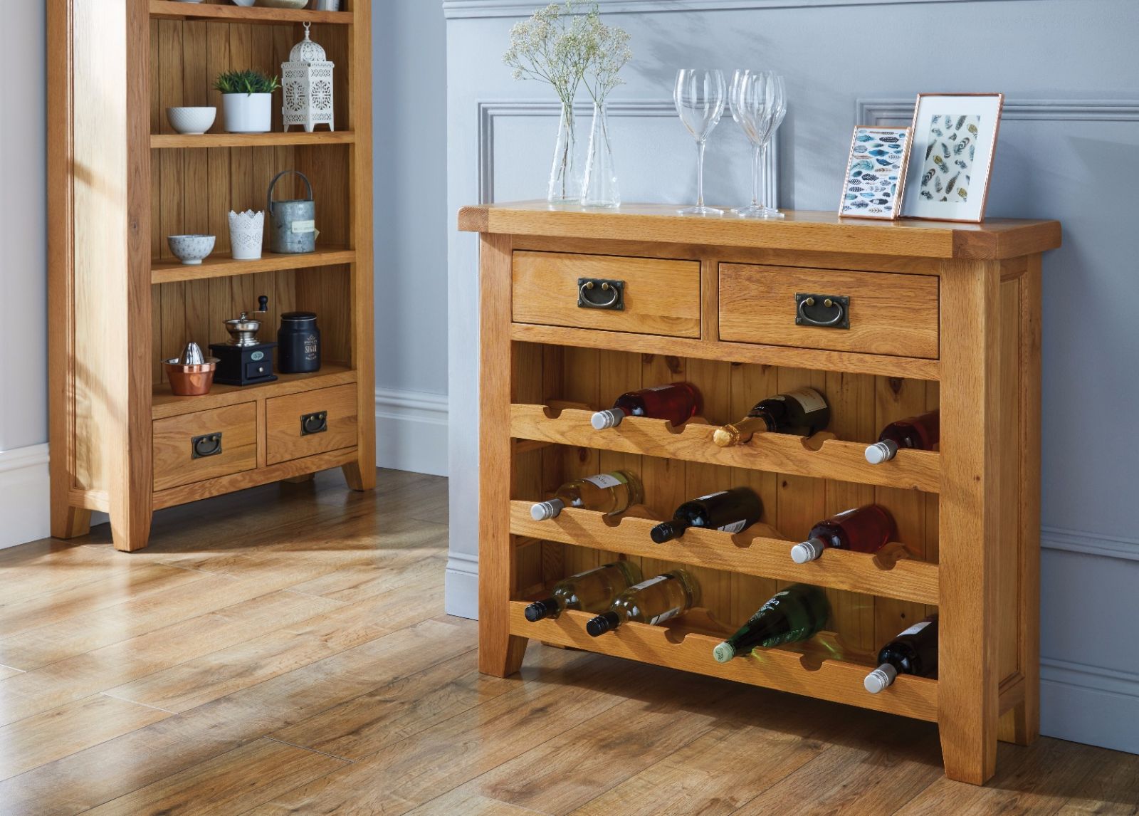 Country Oak 85cm Wine Rack With Drawer - SUMMER SALE Country Oak 85cm Wine Rack With Drawer - SUMMER SALE
