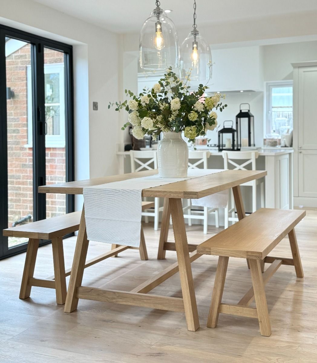 Doveridge 140cm Whitewash Limed Oak Trestle Kitchen Dining Table - 10% OFF AUTUMN SALE