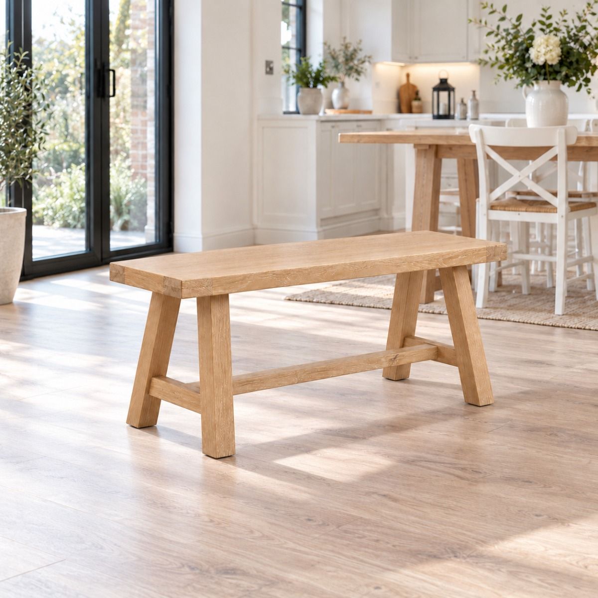 Doveridge 1.2m Whitewash Limed Oak Trestle Dining Bench - 10% Off Discount Code SAVE Doveridge 1.2m Whitewash Limed Oak Trestle Dining Bench - 10% Off Discount Code SAVE