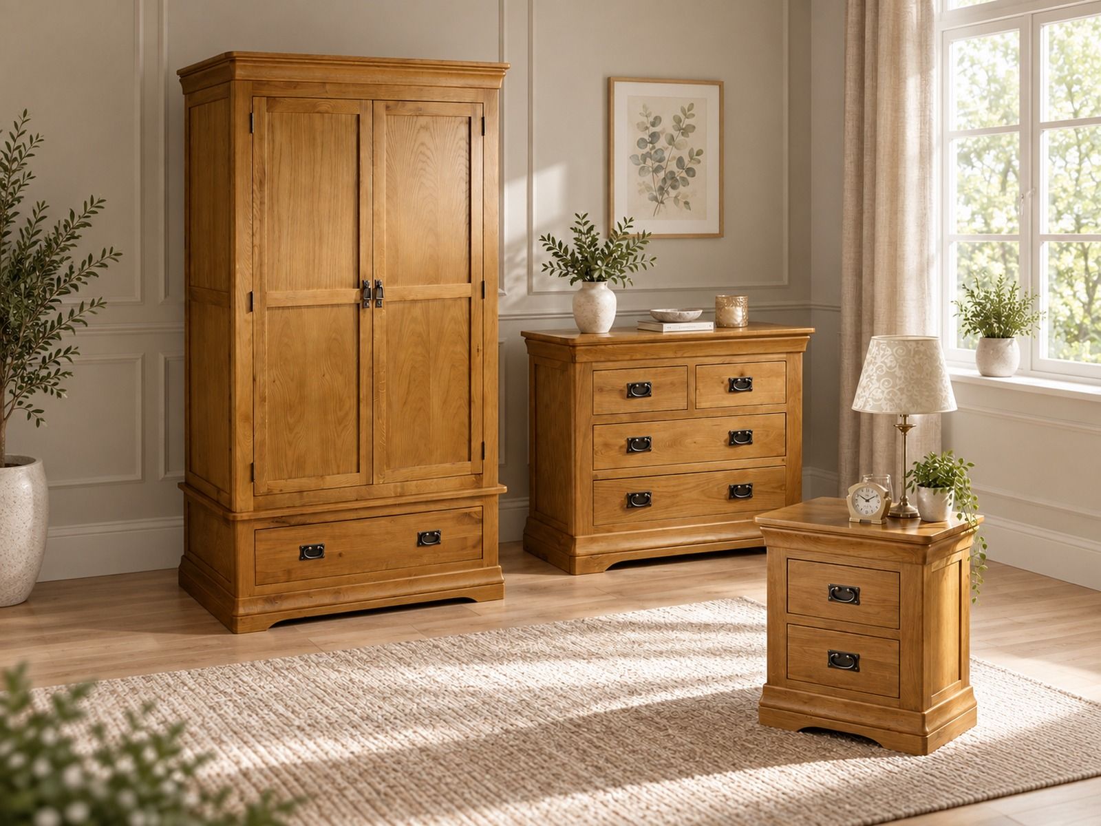 Farmhouse Oak Bedroom Furniture Set - Double wardrobe, 2 over 2 chest & 2 drawer bedside - AUTUMN SALE Farmhouse Oak Bedroom Furniture Set - Double wardrobe, 2 over 2 chest & 2 drawer bedside - AUTUMN SALE