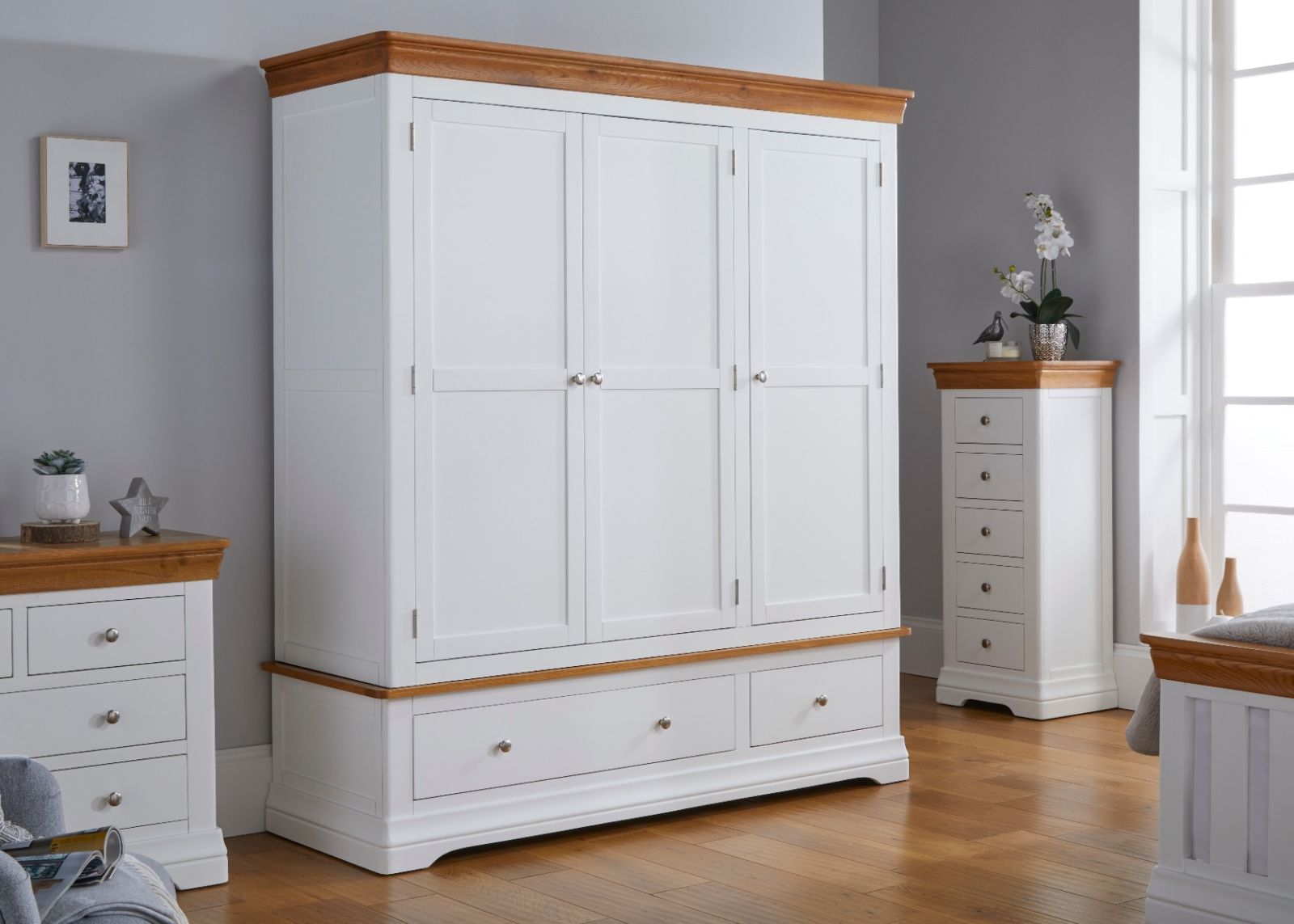 Farmhouse White Painted 3 Door Triple Wardrobe with Drawers - 20% Off Discount Code FLASH Farmhouse White Painted 3 Door Triple Wardrobe with Drawers - 20% Off Discount Code FLASH