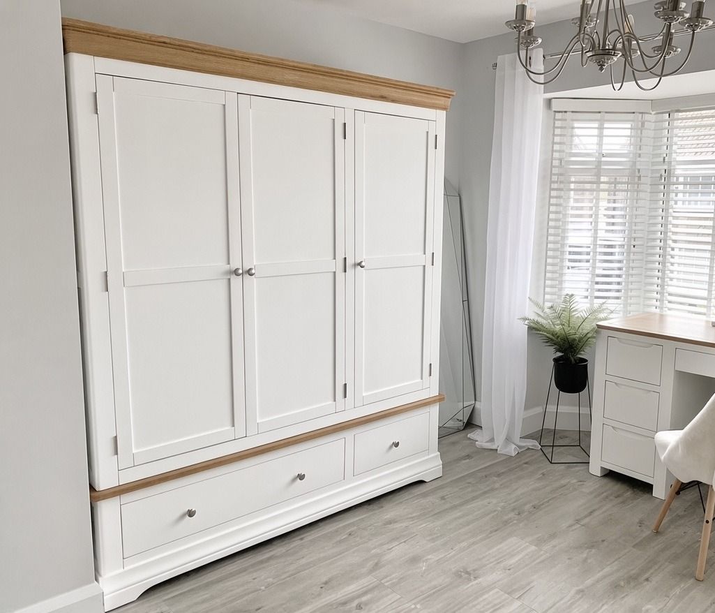 Farmhouse White Painted 3 Door Triple Wardrobe with Drawers - £200 OFF AUTUMN SALE