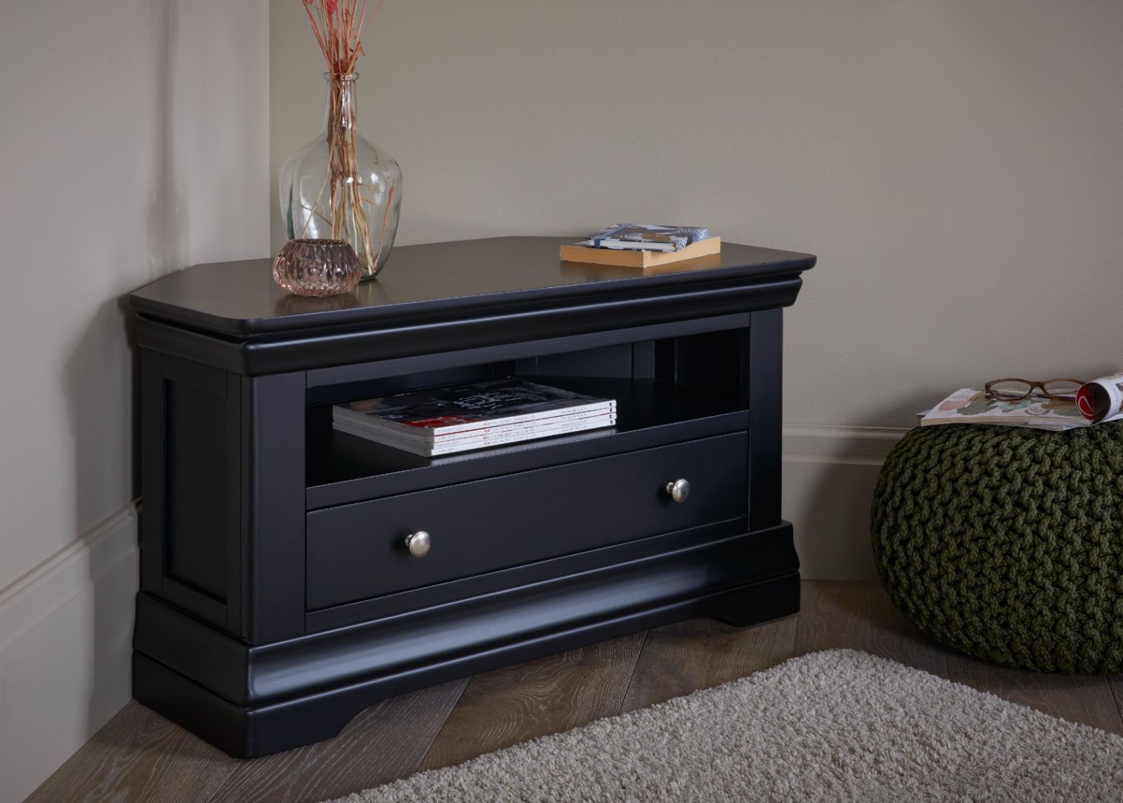 Toulouse Black Painted Fully Assembled Corner TV Unit with Drawer - 20% Off Discount Code FLASH
