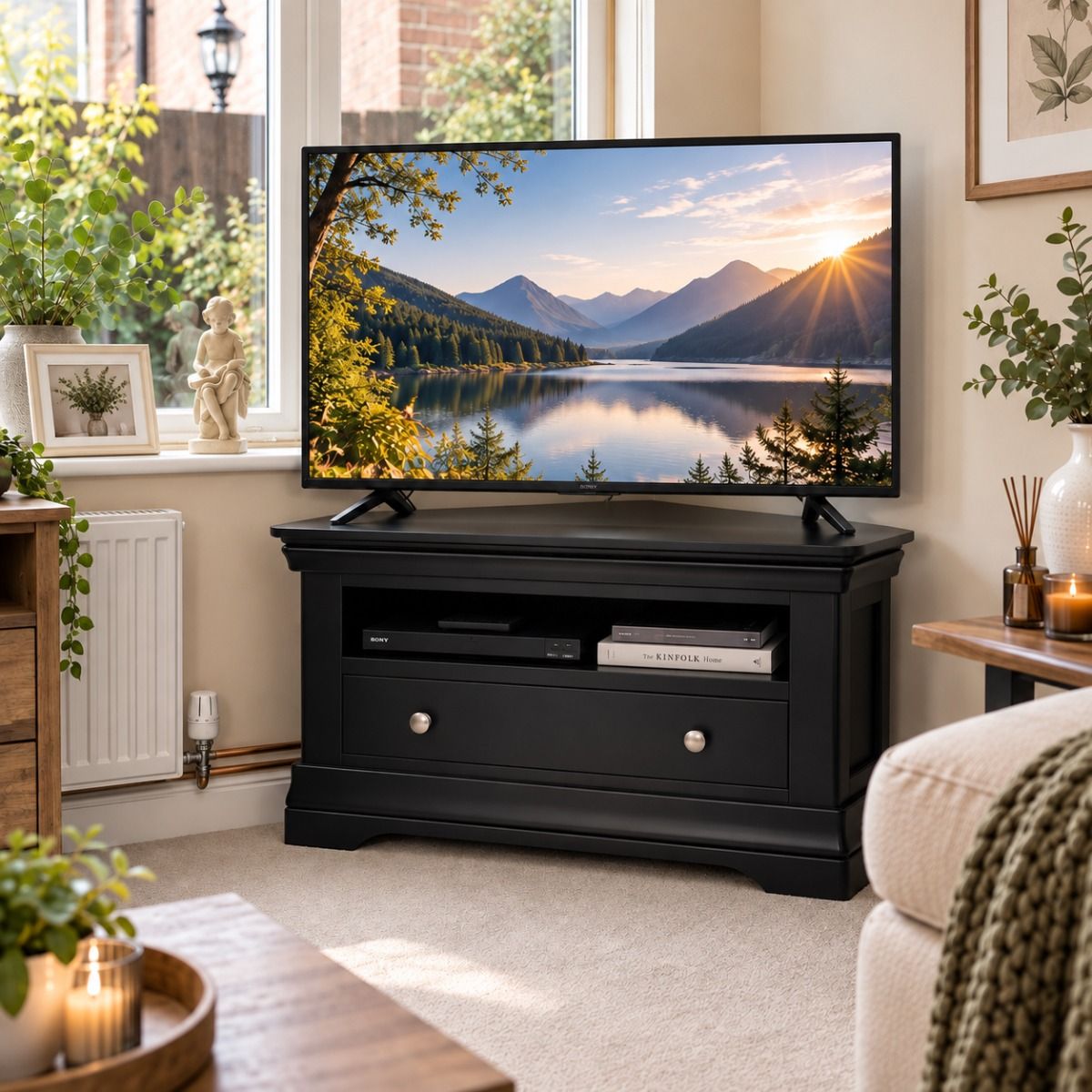 Toulouse Black Painted Fully Assembled Corner TV Unit with Drawer - 20% Off Discount Code FLASH