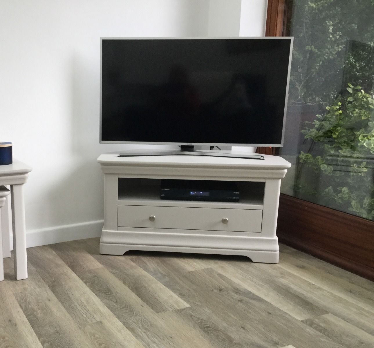 Toulouse Grey Painted Fully Assembled Corner TV Unit with Drawer - £50 OFF SUMMER SALE Toulouse Grey Painted Fully Assembled Corner TV Unit with Drawer - £50 OFF SUMMER SALE