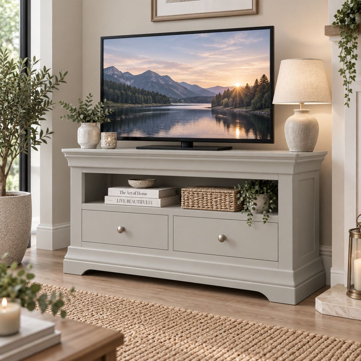 Toulouse Grey Painted Fully Assembled TV Unit 2 Drawers - 20% Off Discount Code FLASH Toulouse Grey Painted Fully Assembled TV Unit 2 Drawers - 20% Off Discount Code FLASH