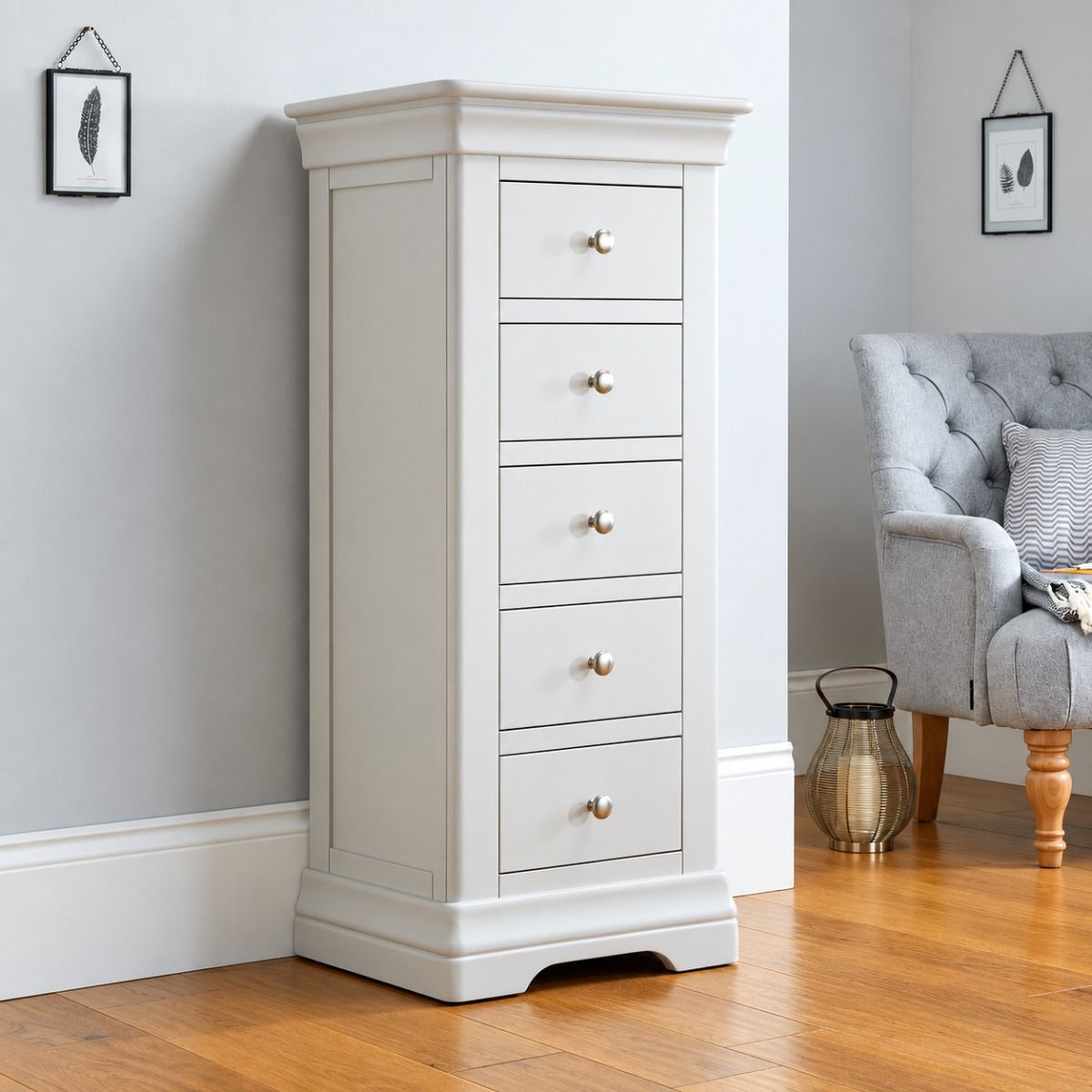 Toulouse Grey Painted 5 Drawer Tallboy - £40 Off Autumn Sale Toulouse Grey Painted 5 Drawer Tallboy - £40 Off Autumn Sale