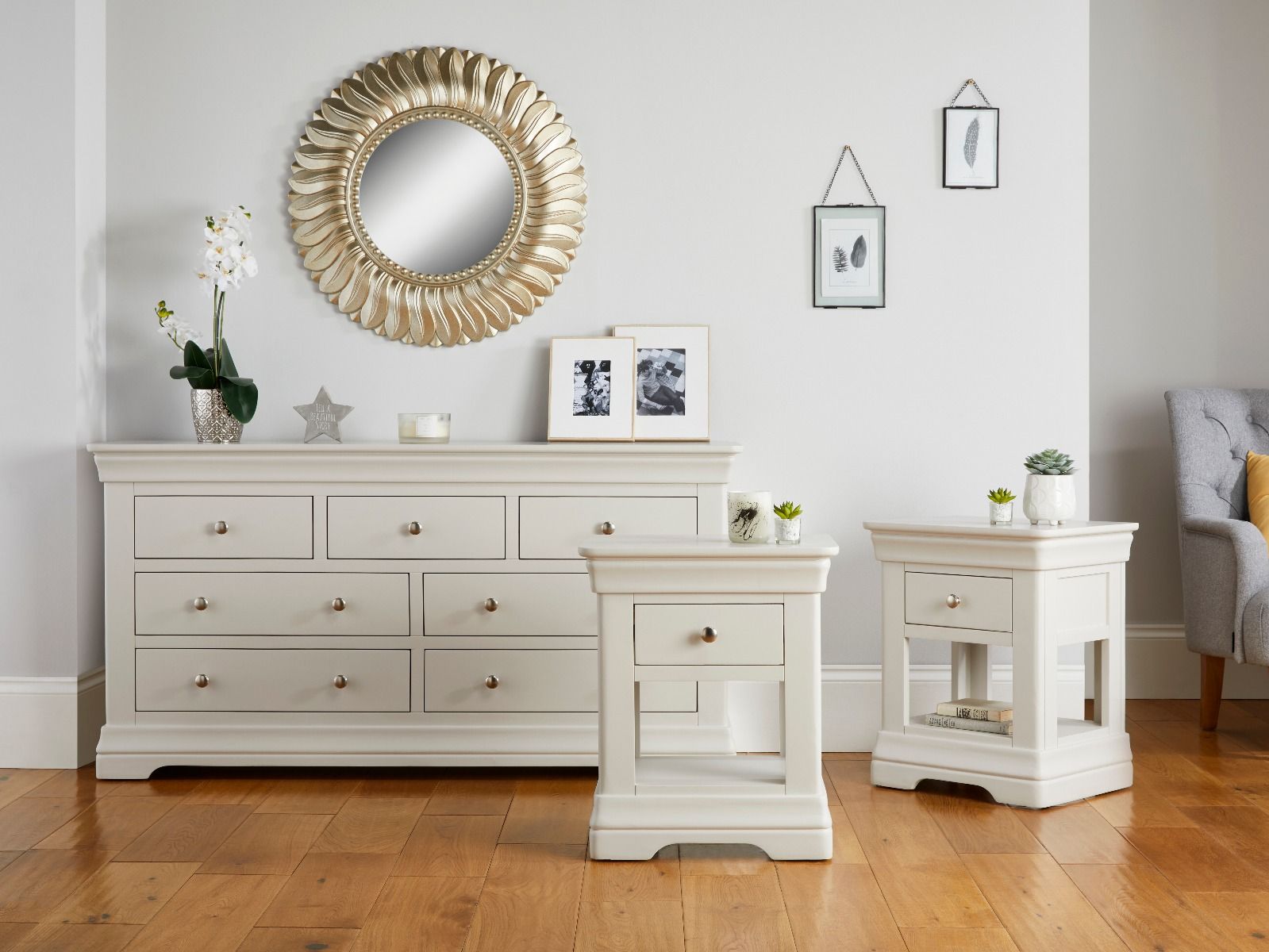 Bedroom Set, Toulouse Grey Large 3 over 4 Drawers and pair of 1 Drawer Bedside Tables - SUMMER SALE Bedroom Set, Toulouse Grey Large 3 over 4 Drawers and pair of 1 Drawer Bedside Tables - SUMMER SALE