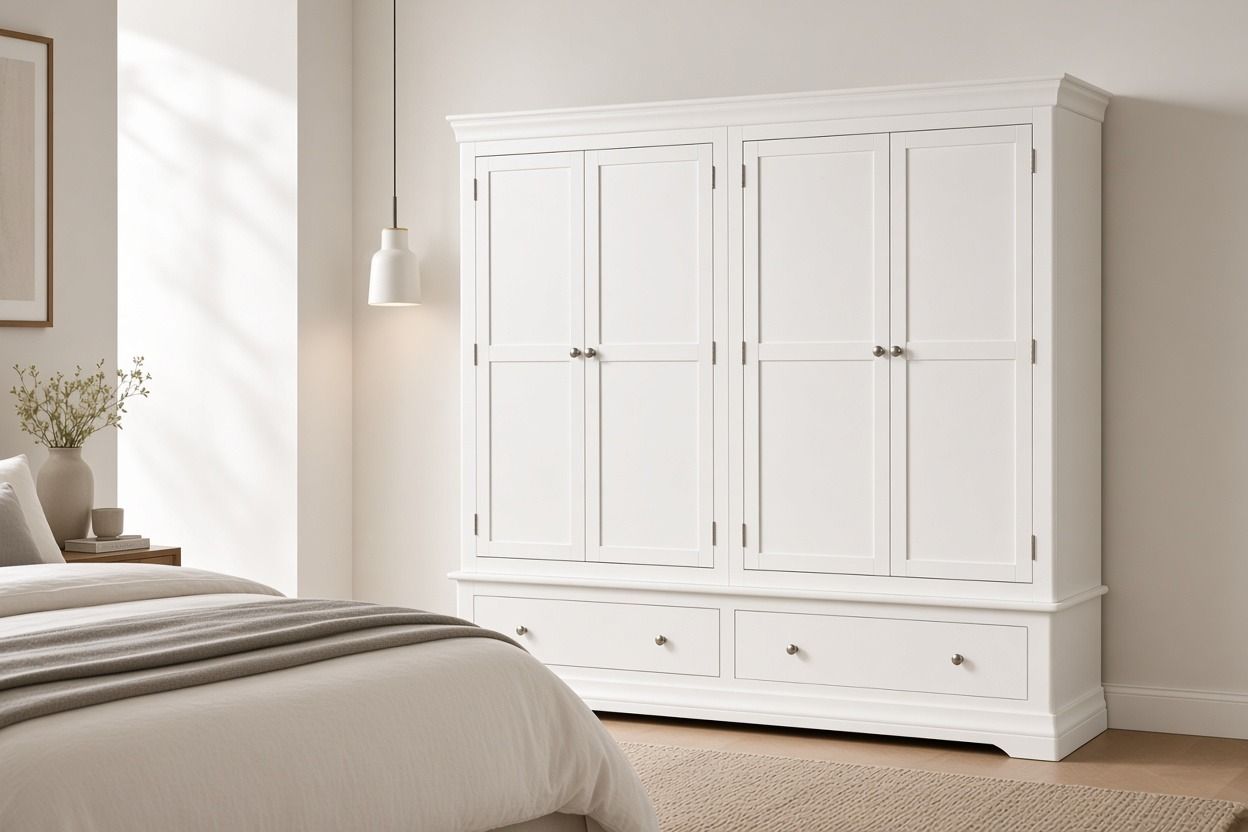 Toulouse White Painted 4 Door Double Hanging Quad Extra Large Wardrobe - 20% Off Discount Code FLASH Toulouse White Painted 4 Door Double Hanging Quad Extra Large Wardrobe - 20% Off Discount Code FLASH