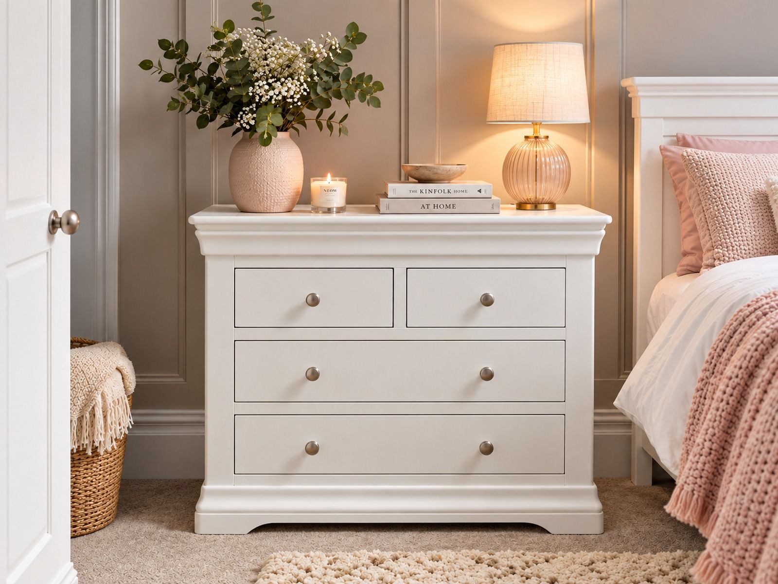 Toulouse Brilliant White Painted 2 Over 2 Chest of Drawers - Fully Assembled - £50 OFF AUTUMN SALE Toulouse Brilliant White Painted 2 Over 2 Chest of Drawers - Fully Assembled - £50 OFF AUTUMN SALE