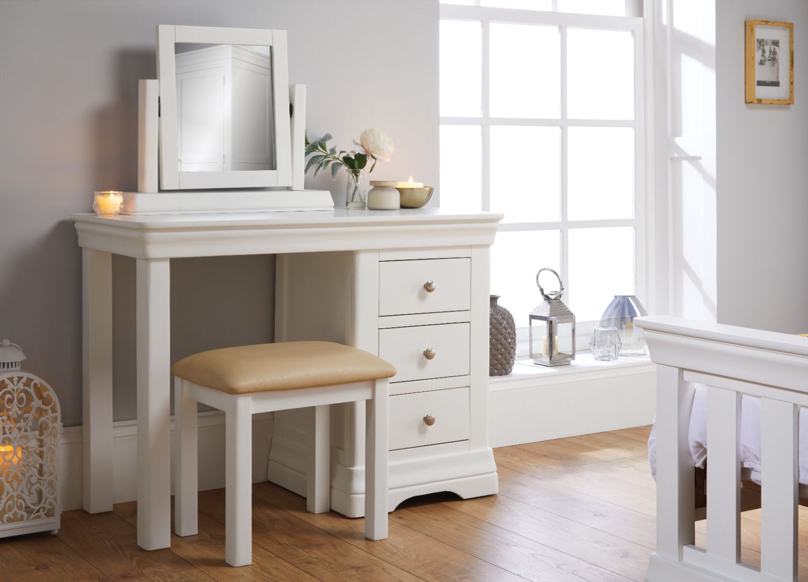 Toulouse White Painted Dressing Table Mirror Stool Bedroom Set - SUMMER SALE Toulouse White Painted Dressing Table Mirror Stool Bedroom Set - SUMMER SALE