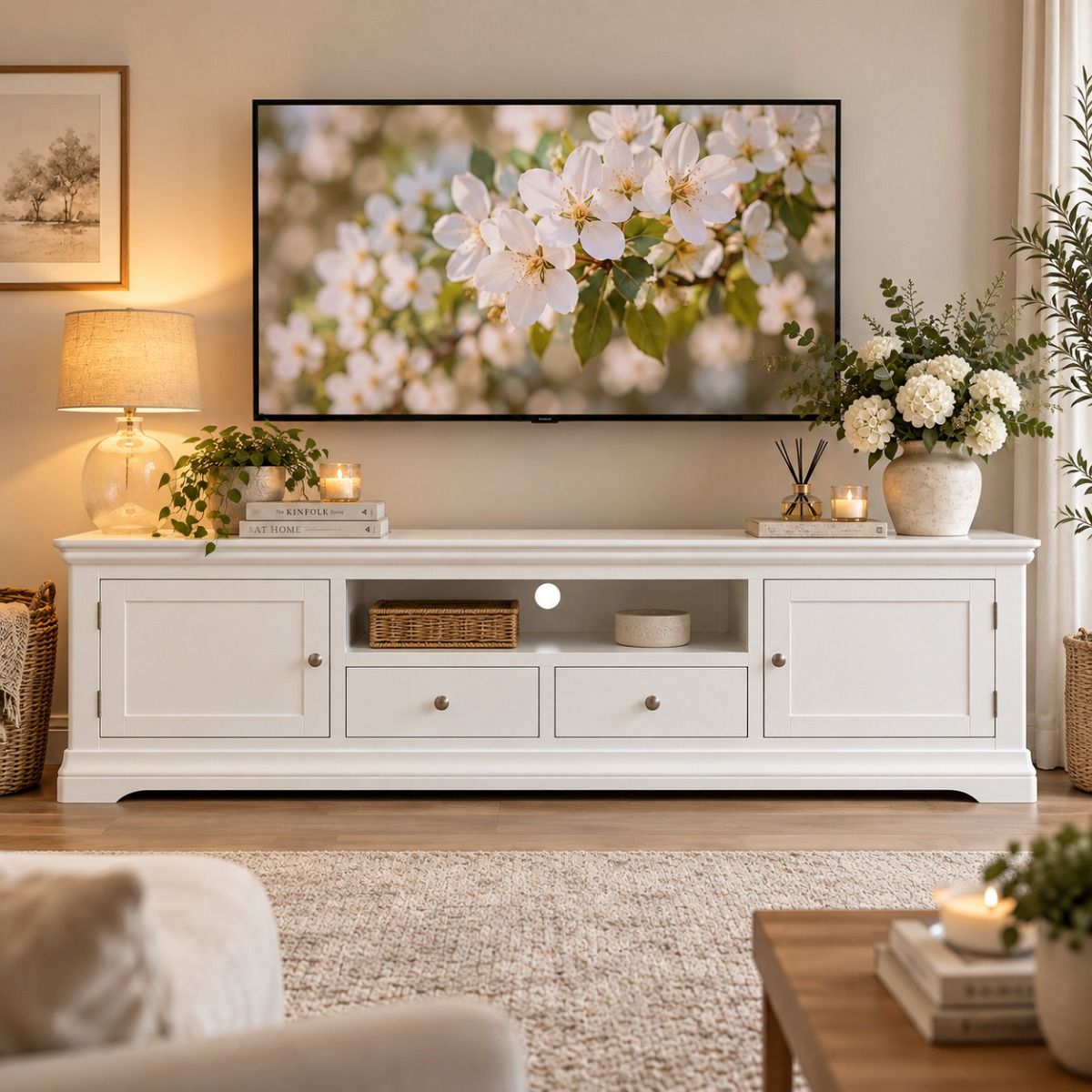 Toulouse White Painted Grande 210cm Extra Large Assembled TV Unit - £70 OFF AUTUMN SALE Toulouse White Painted Grande 210cm Extra Large Assembled TV Unit - £70 OFF AUTUMN SALE